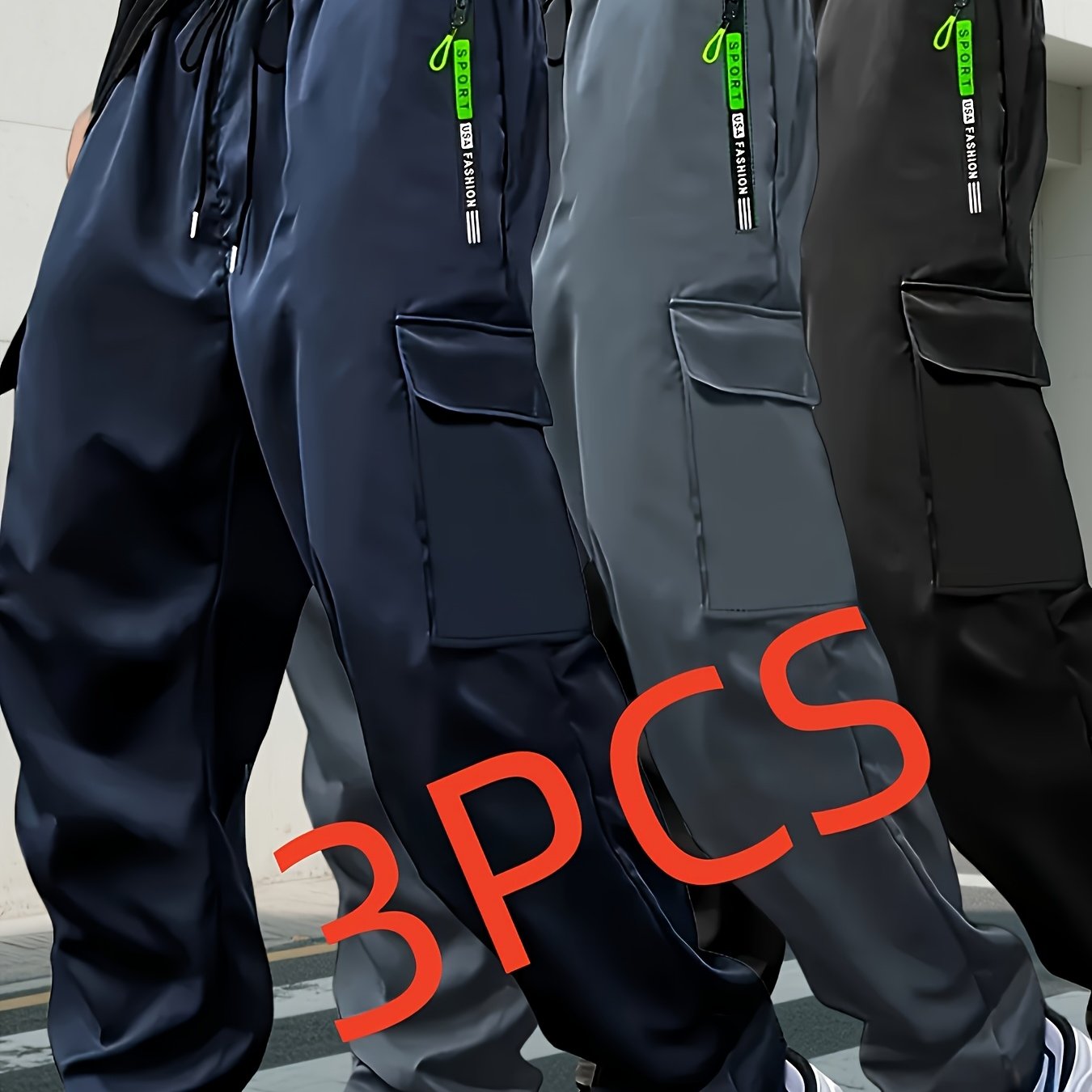 TEMU 3pcs Men's Cargo Pants Set - Relaxed Fit, Multi-, Street Style Trend With Zipper Details And Large Storage Space For A Versatile Look For ,