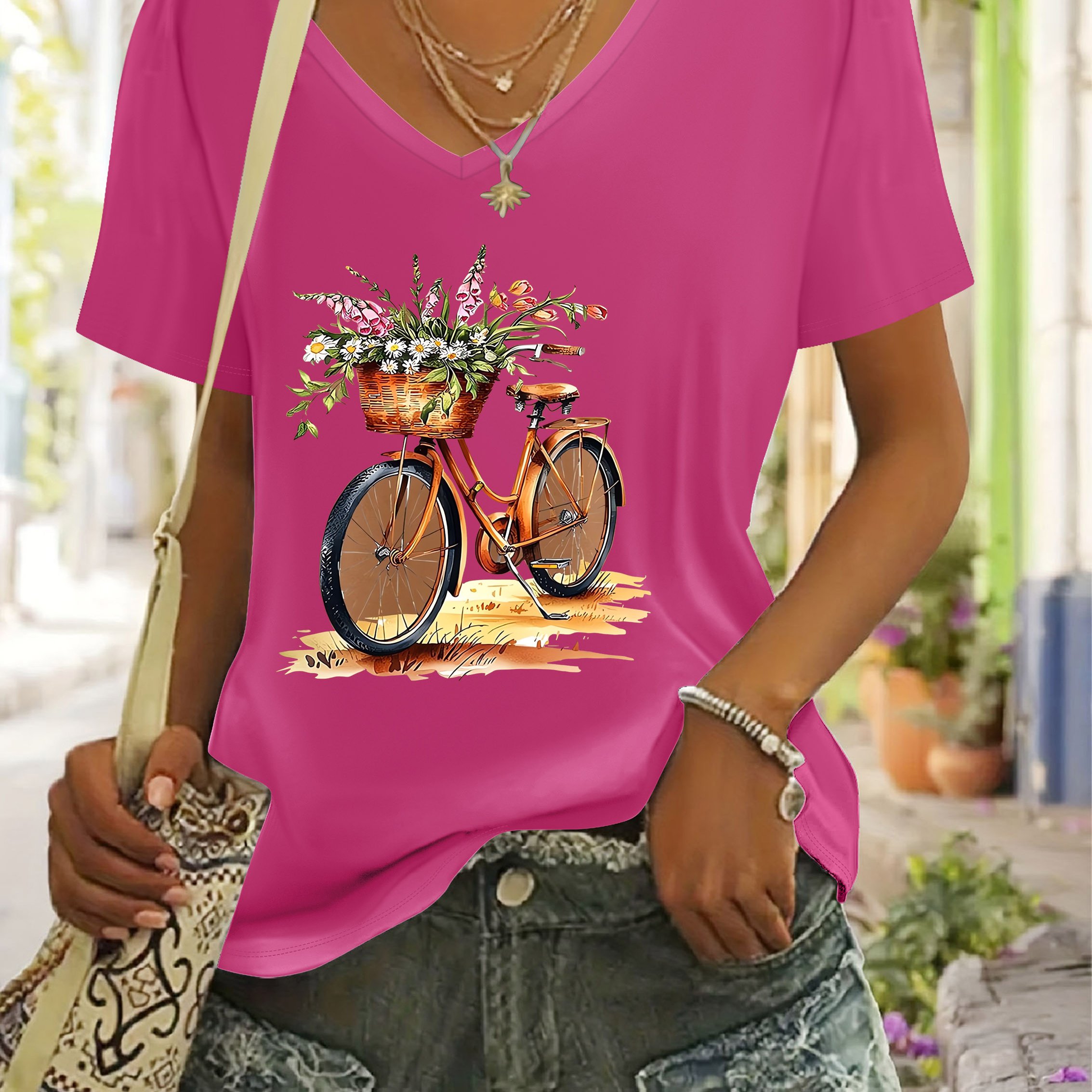TEMU Women's V-neck Short-sleeve T-shirt With Bicycle Flower Basket Print - Soft Close-fit -compatible Top For Casual Casual Attire, Machine Washable