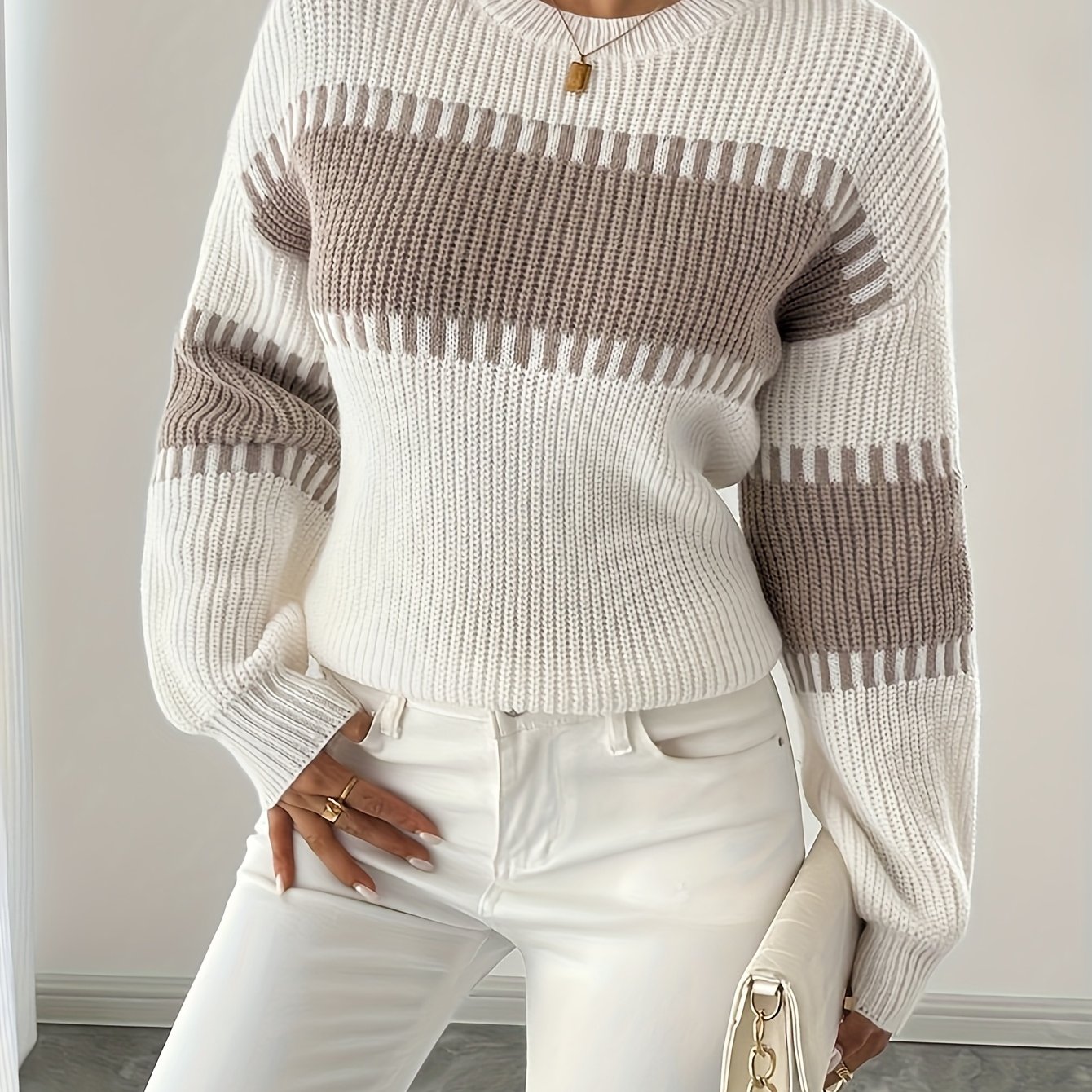 TEMU Autumn Winter Women's Round Neck Loose Sweater, Casual Dating Wear, Elegant White Khaki Contrast Fashion Top