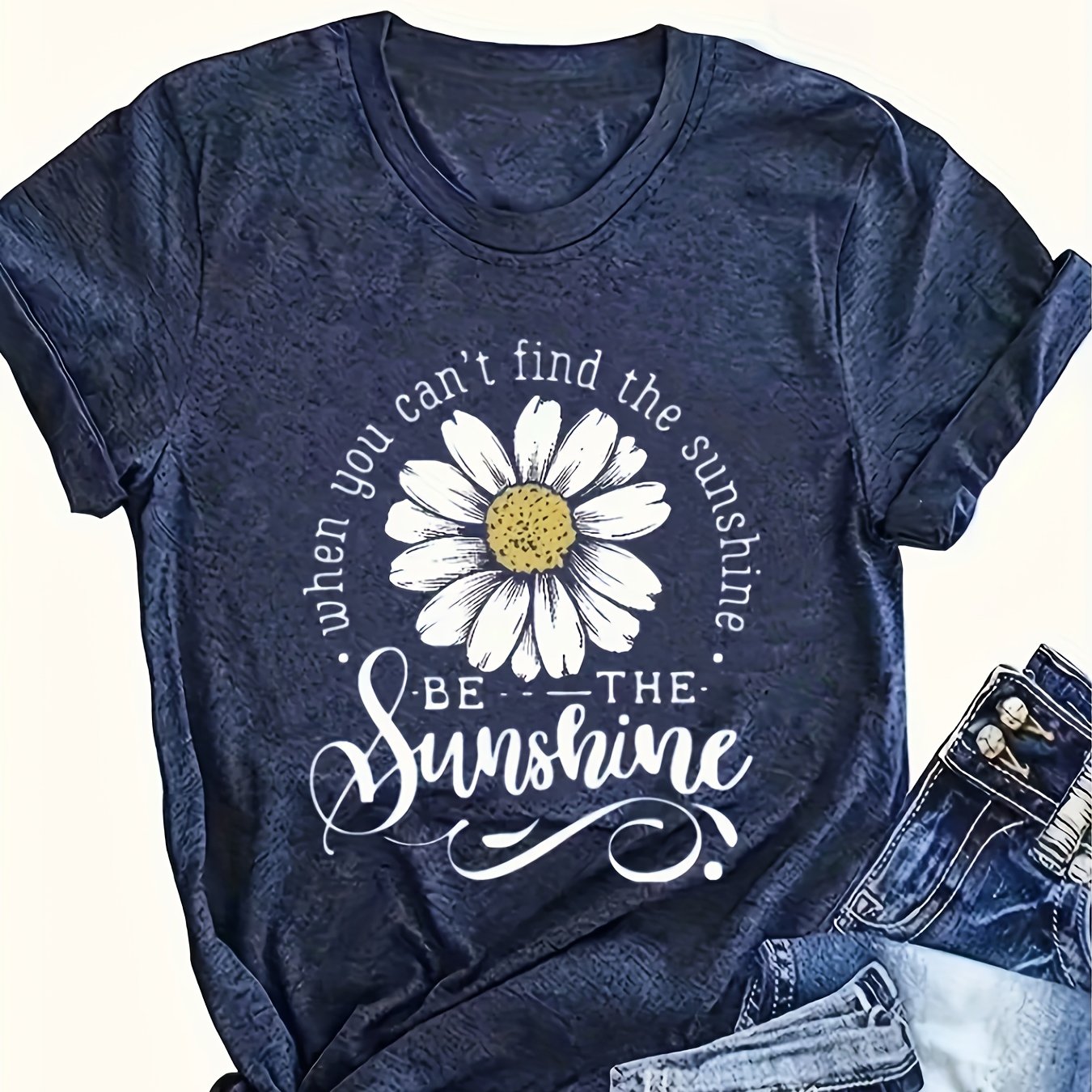 TEMU Soft And Comfortable Women's Daisy Print T-shirt - Casual Crewneck T-shirt With Inspirational Quote " Sunshine" - Lightweight Blend, Machine