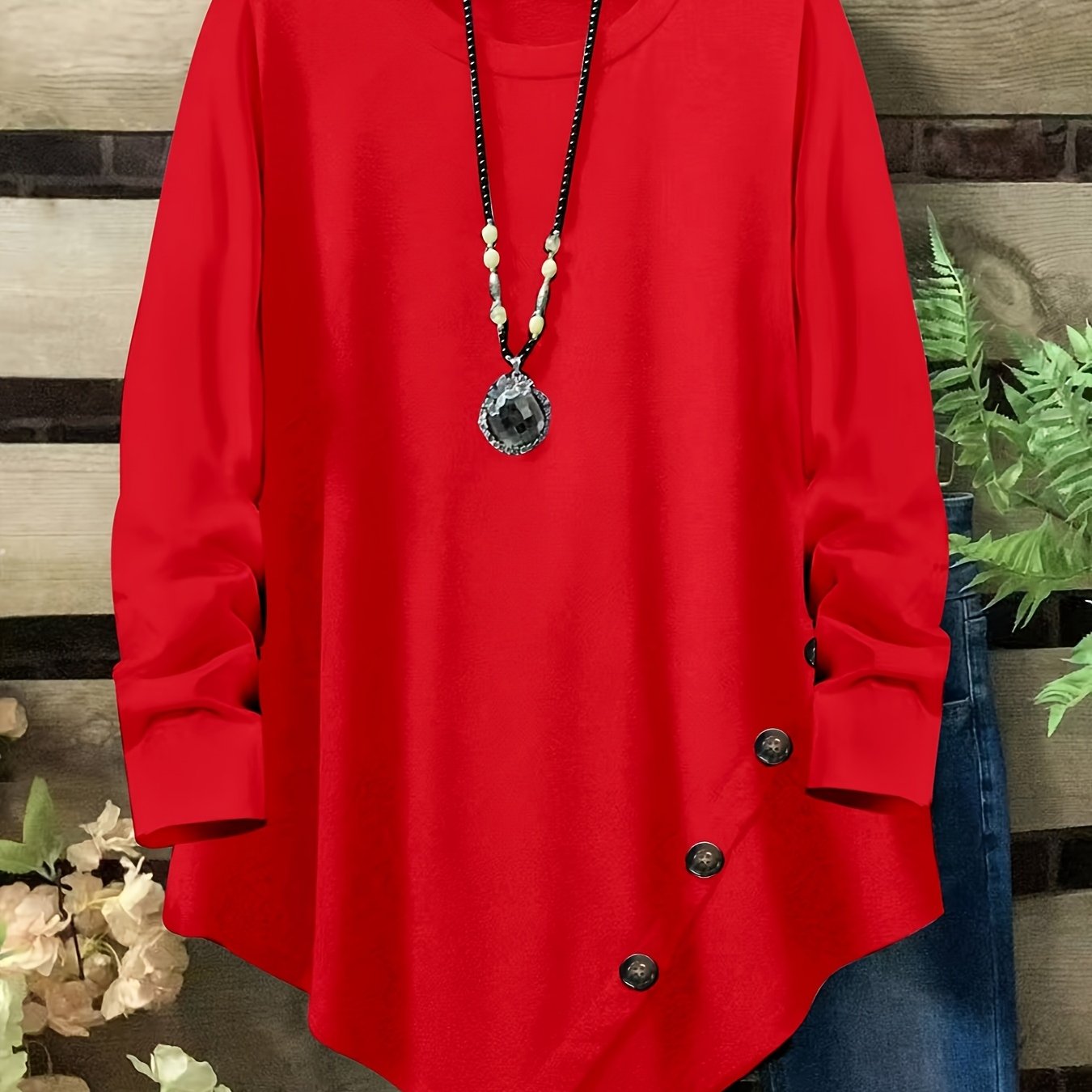 Plus Size, Plus Size Loose Fit | Long Sleeve | Casual, Button-decorated Round Neck Asymmetrical Hem Women's Top
