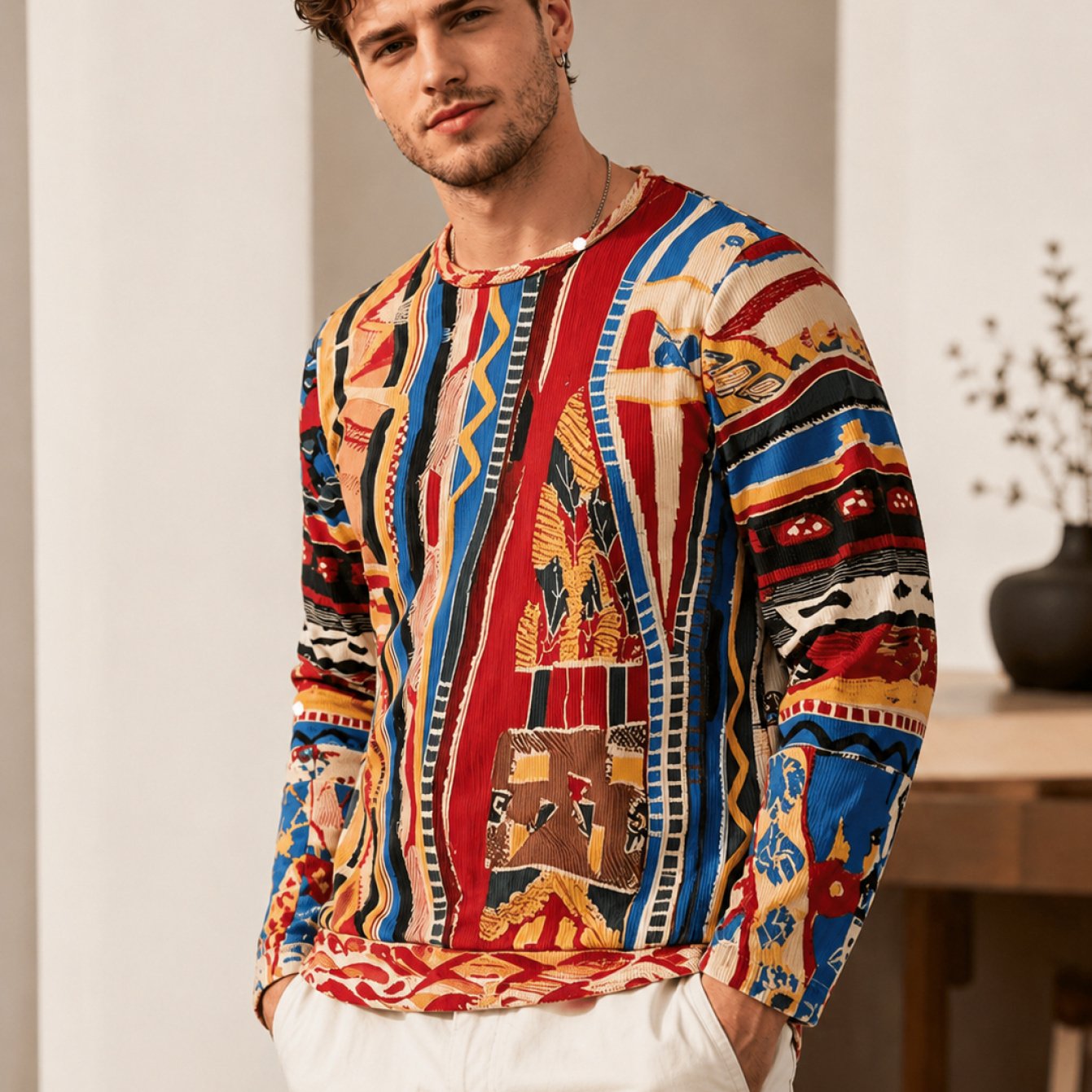 Image of Men Winter Crewneck Sweatshirt Men Crew Neck Pullover For Spring And Autumn High Bright Print Breathable Lightweight Fabric Versatile Athletic Long Sleeve Top