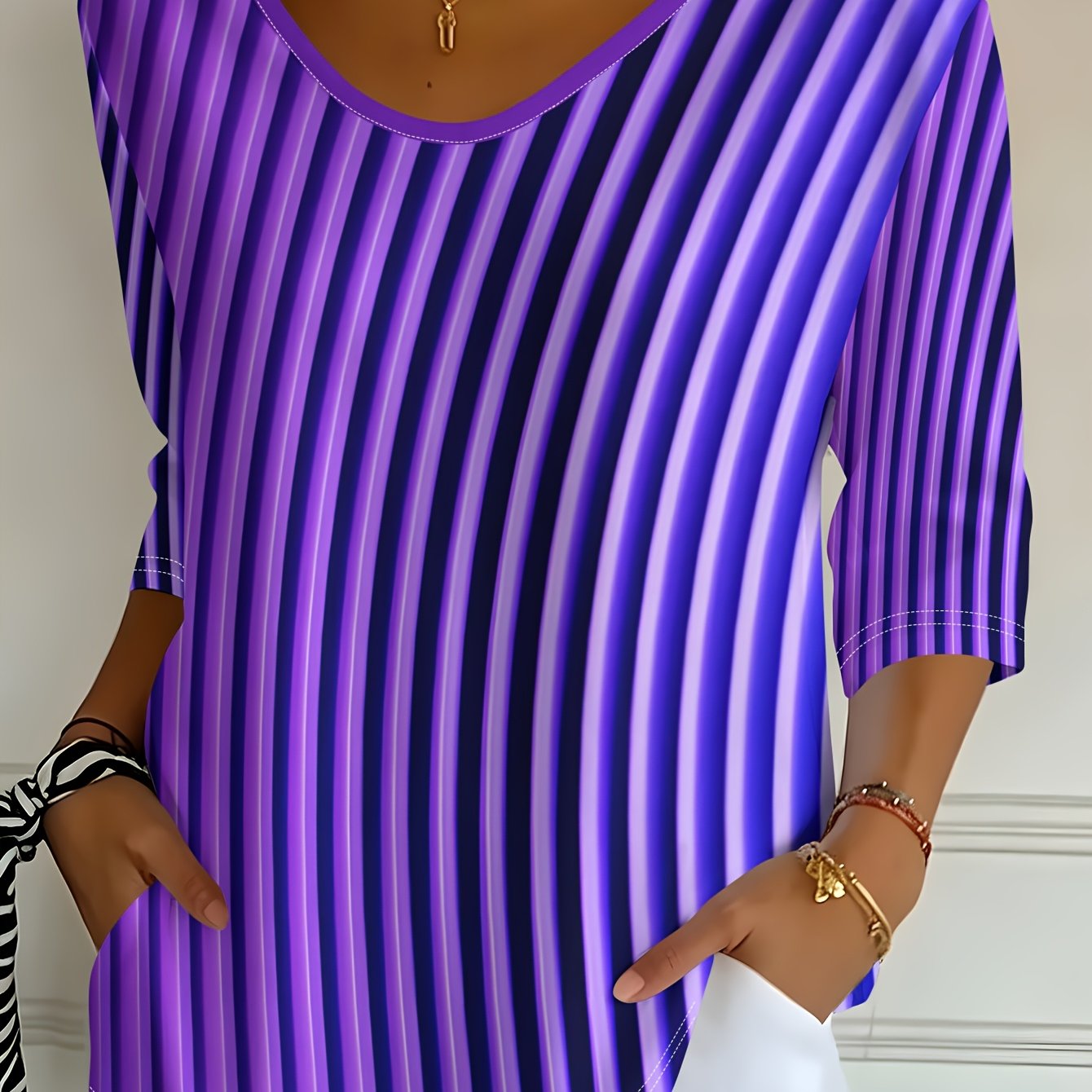 TEMU Women's Purple Blue Gradient Pinstripe Printed Design - 2d Printing, V-neck 3/4 Sleeve T-shirt, Spring Autumn Casual Top