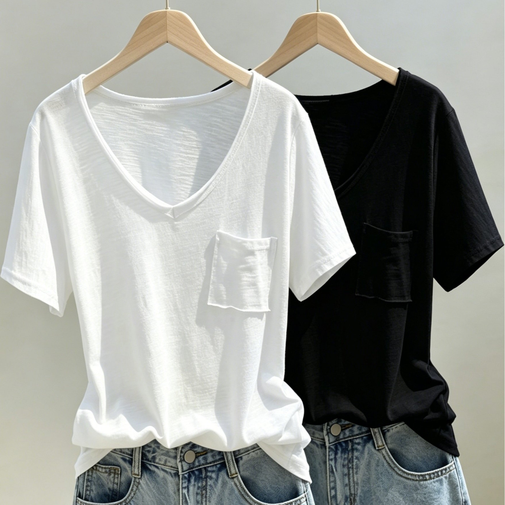 TEMU 2-pack Women's V-neck T-shirt, Short Sleeve Slub Tee With Chest Pocket