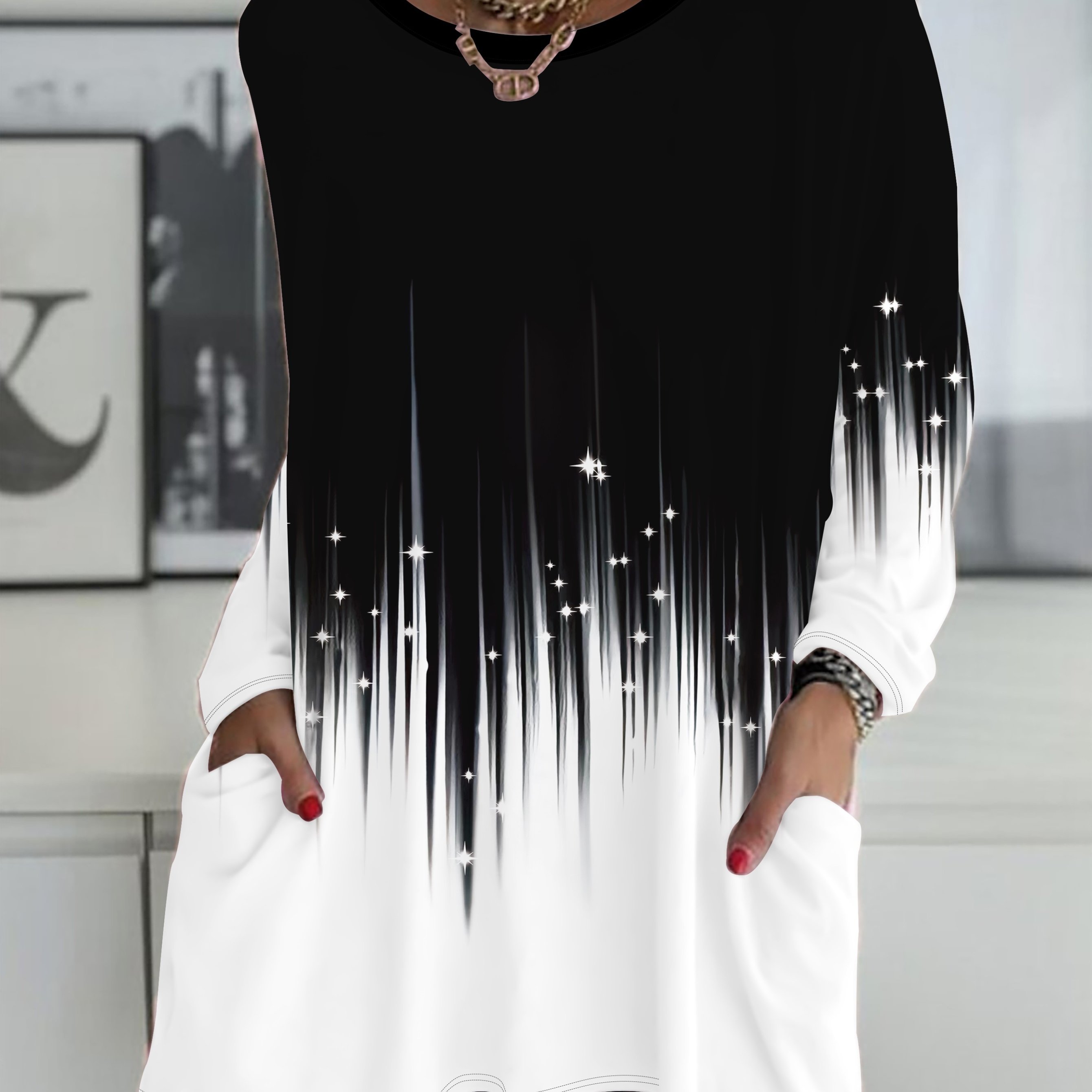 Plus Size - Plus Size - Women's Plus Size Casual Elegant Geometric Pattern Print Round Neck Long Sleeve T-shirt Top