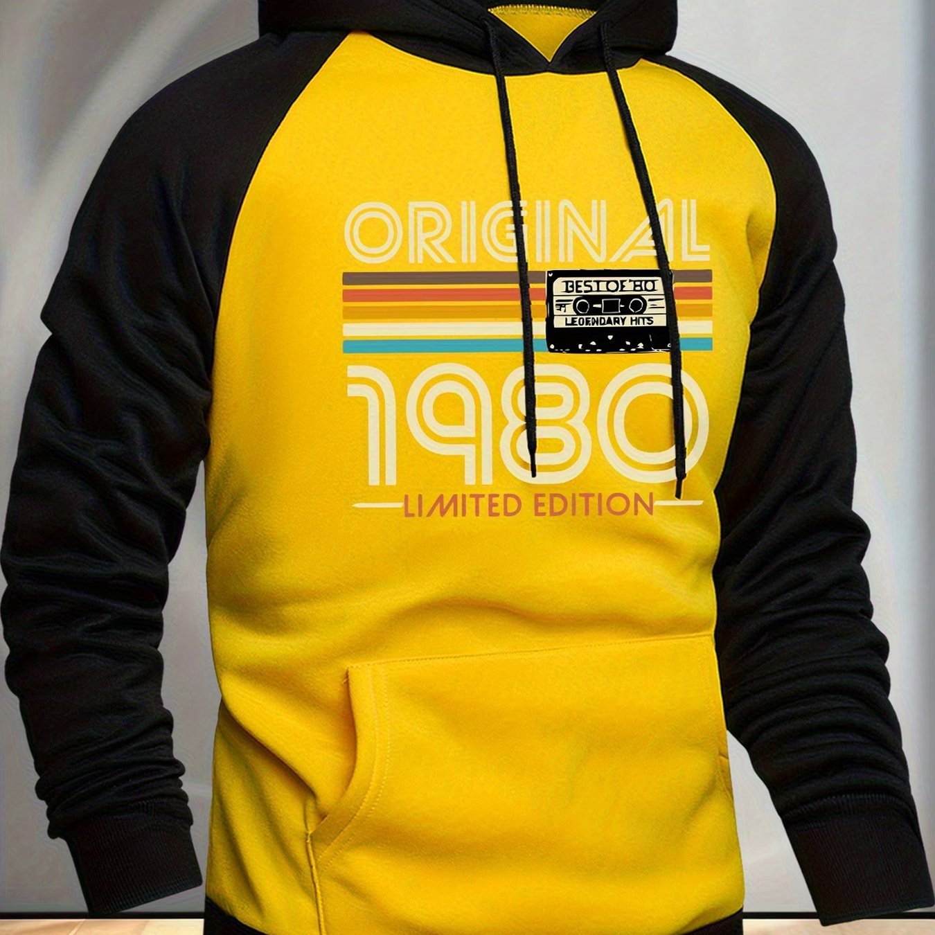 TEMU Men's Hooded Sweatshirt 1980 Vintage Pattern Elements, Casual Versatile Fashionable Color Block Hooded Sweatshirt, Classic Raglan Sleeve