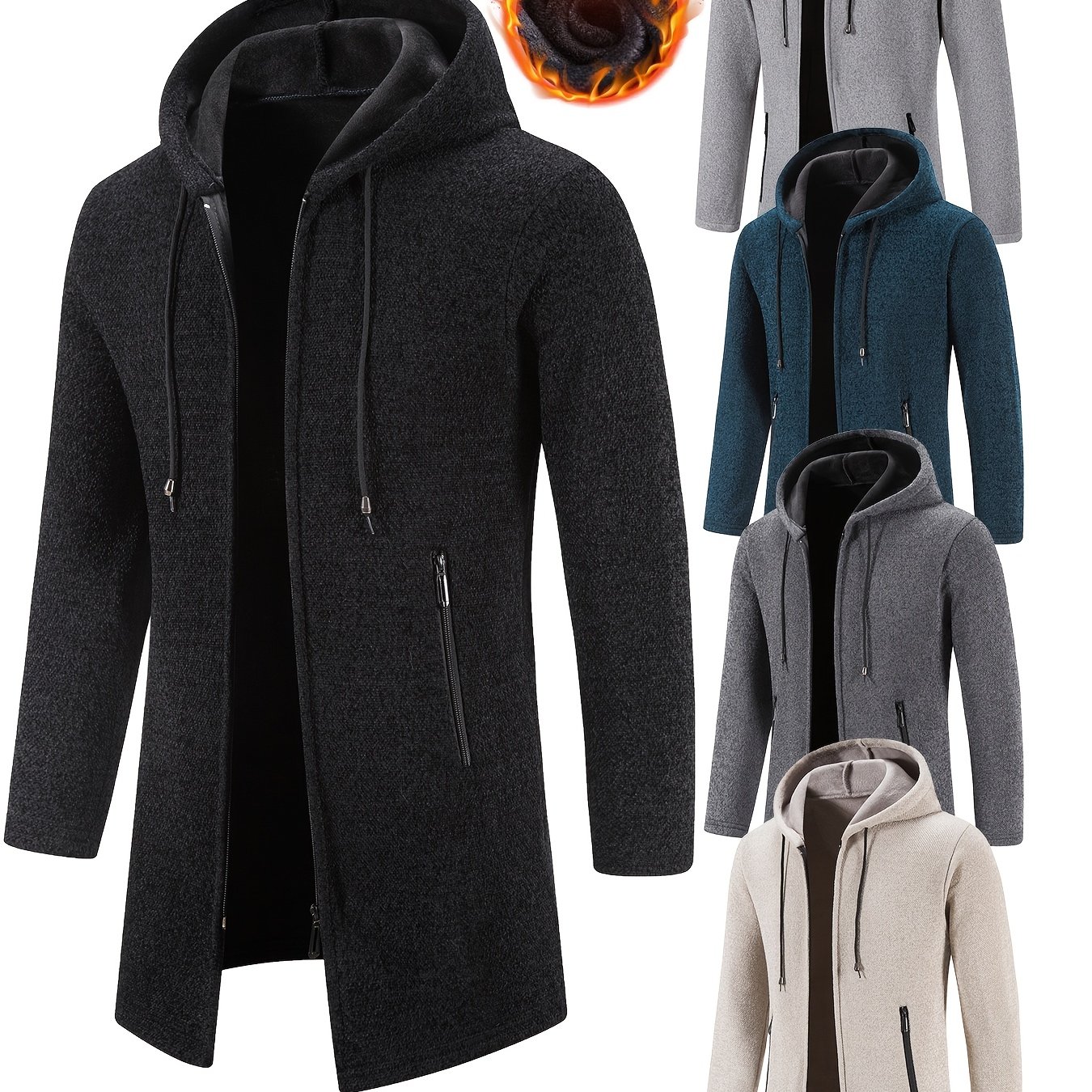 TEMU Men's Casual Hoodie, Hooded Mid Length, Lined Zip Up Hoodie, Stylish Slim Fit Hoodie With Pockets, Suitable For Daily Wear, Outdoor Activities