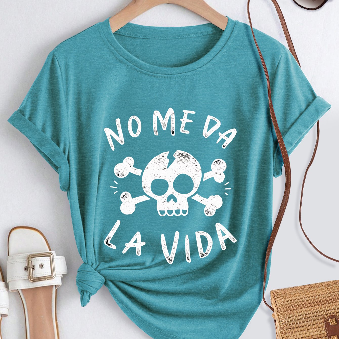 TEMU Elegante top de manga corta para mujer, estilo vintage, estampado divertido en español de calavera " DA ", tela transpirable y cómoda, top para