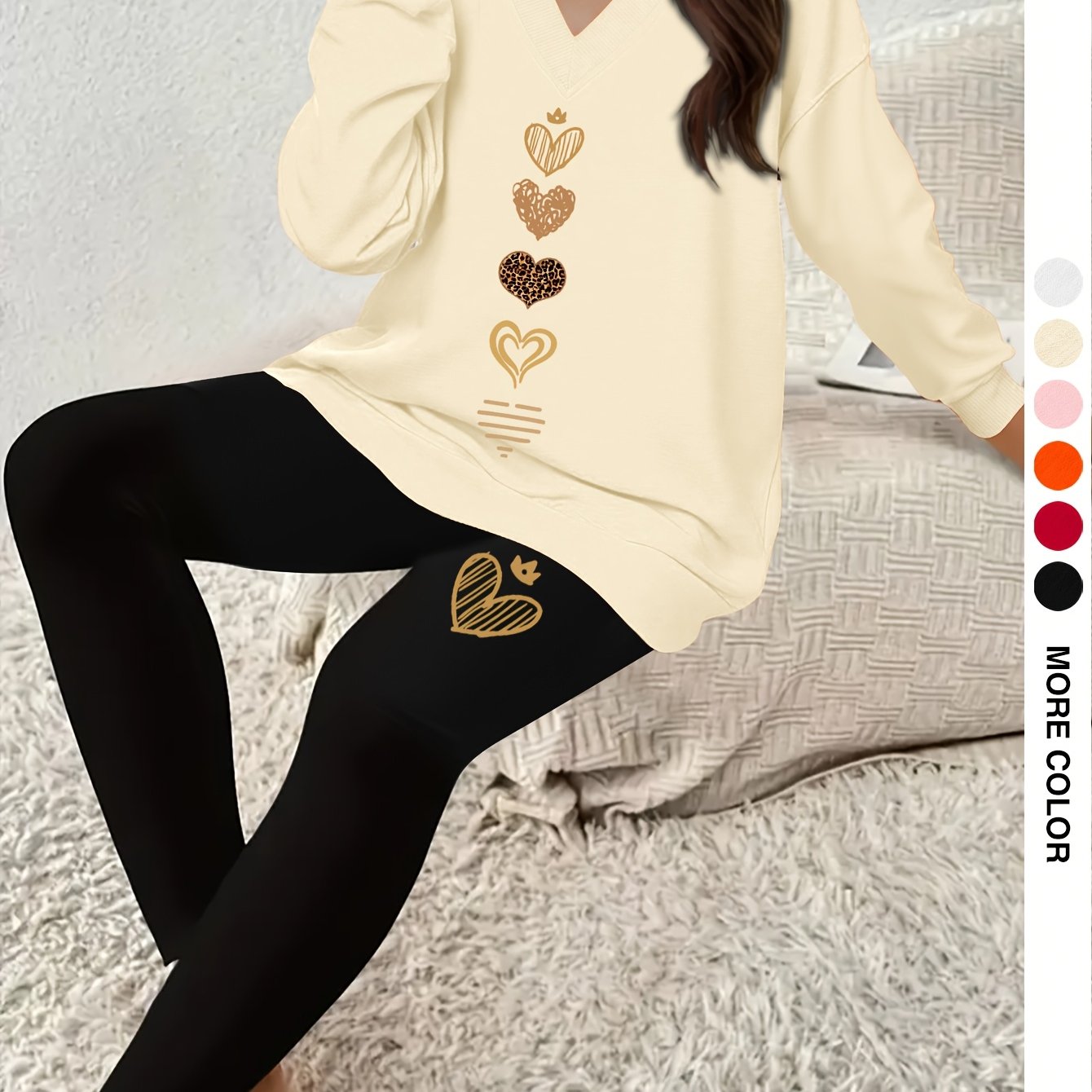 TEMU 1103gwen, Women's 2pcs Sweatshirt And Leggings Set, Heart Print, V-neck Long Sleeve Sweatshirt, Solid Color Leggings, , Suitable For Fall Winter
