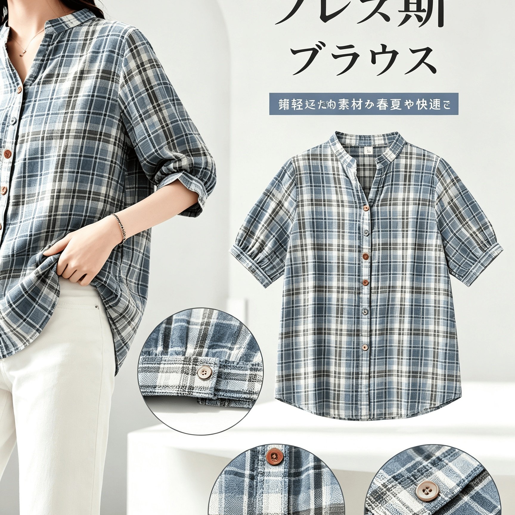 TEMU 【商品名】レディース カジュアル 半袖 チェック柄シャツ - ルーズフィット、コンのある襟と裾、洗濯機洗い可能、春と秋に最適、普段使いに | クな首の骨ネックライン | トな外観 | マルチカラーボタン