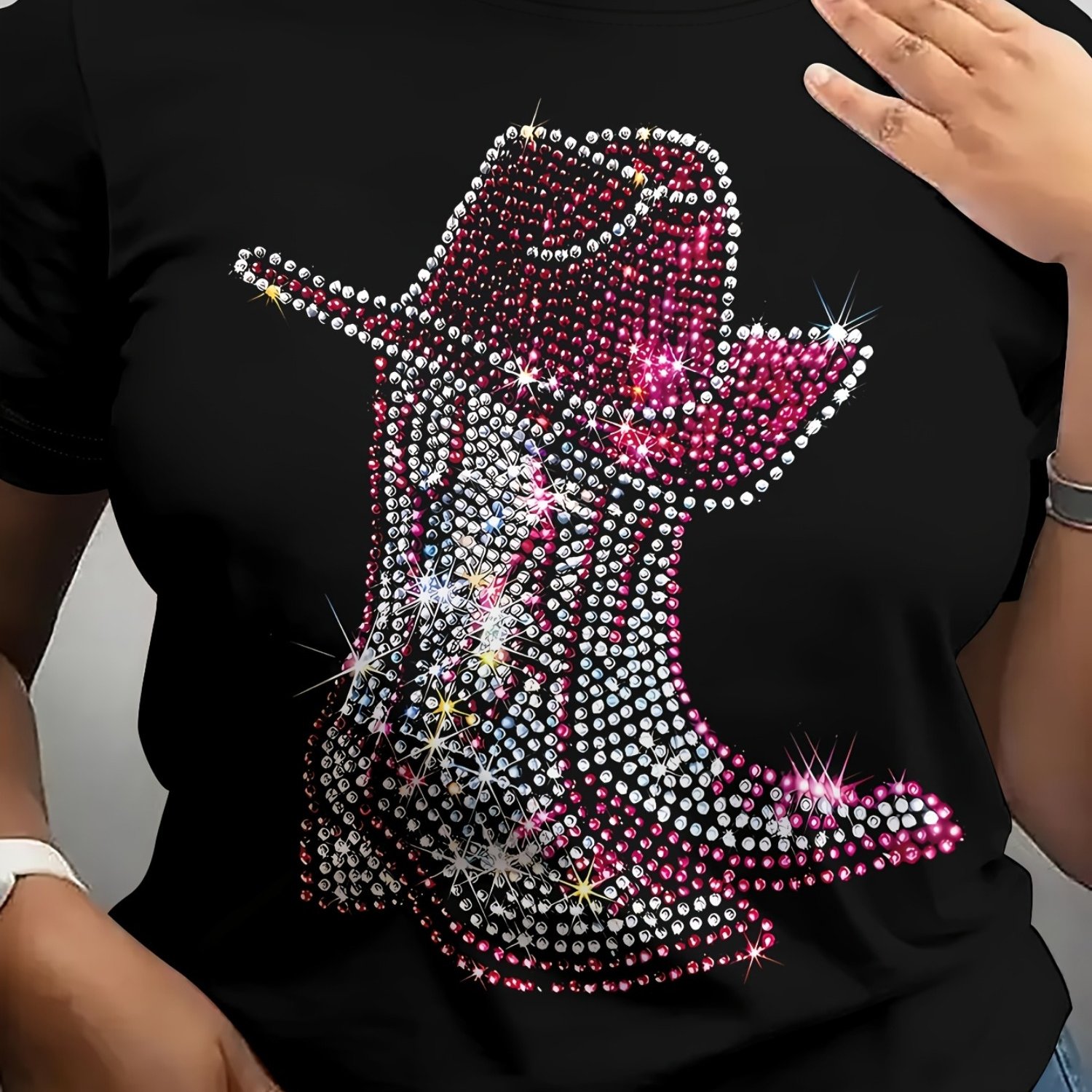 TEMU Women's Casual Short-sleeve T-shirt With Sparkling Cowboy Boot Print, Round Neck, Machine Washable, Summer Fashion, Summer Casual Wear | Glittery Boot Print | Knit Construction, Cowboy Boots