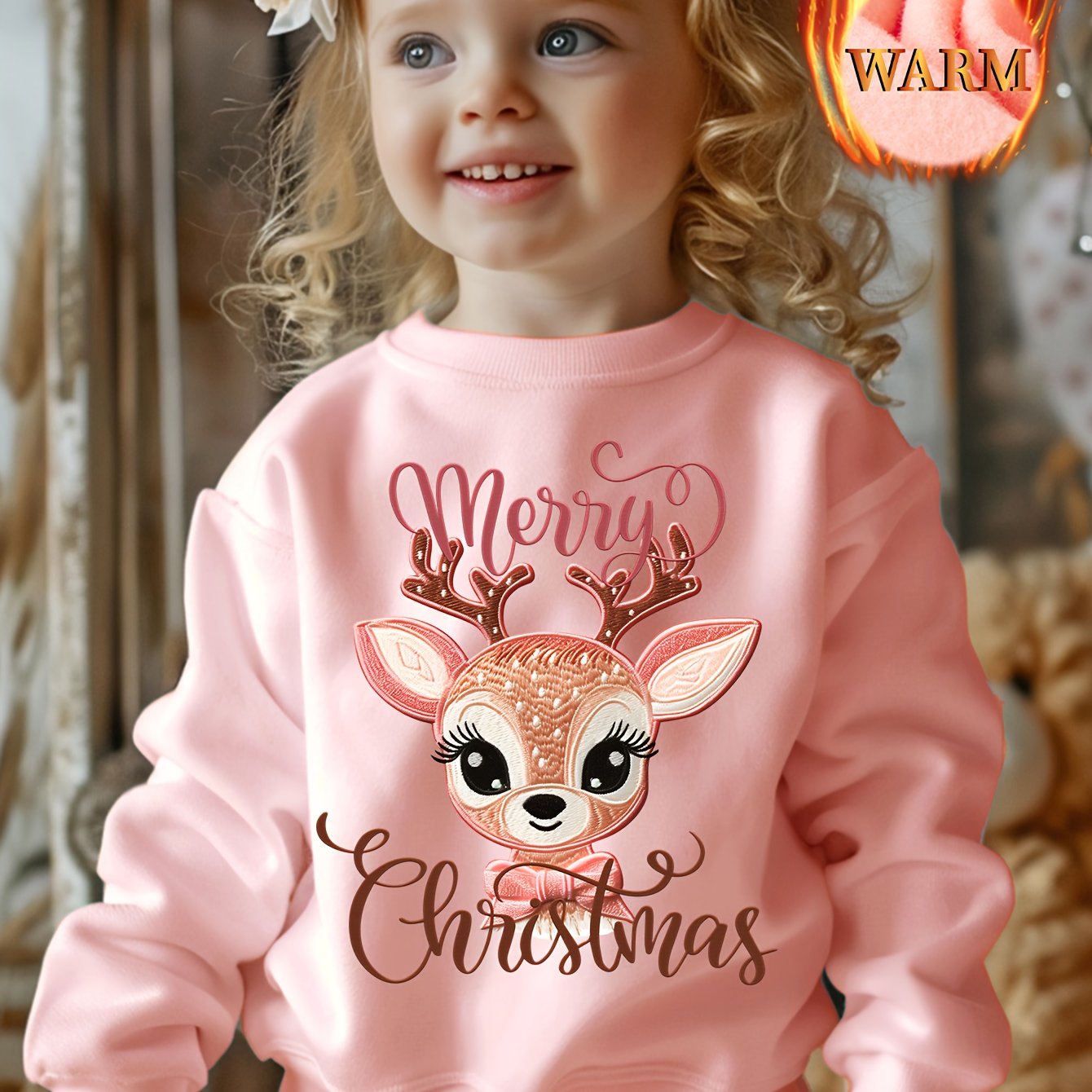Girl's Merry Christmas Letter Reindeer Print Autumn/ Trend -lined Thickened Crew Neck Sweatshirt
