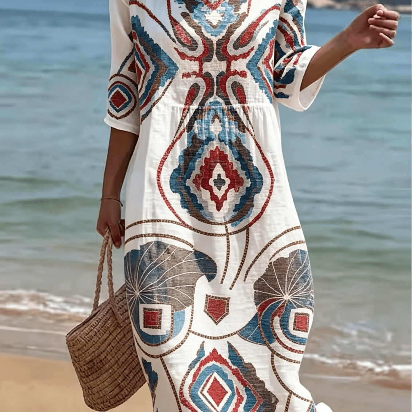 Image of Women Vintage Tribal Geometric Ikat Print Beach Midi Dress, Breathable Fiber Fabric Half Sleeve Round Neck Waist Gathered Loose Flowy Vacation Sundress, Bohemian Beach Cover Up Dress