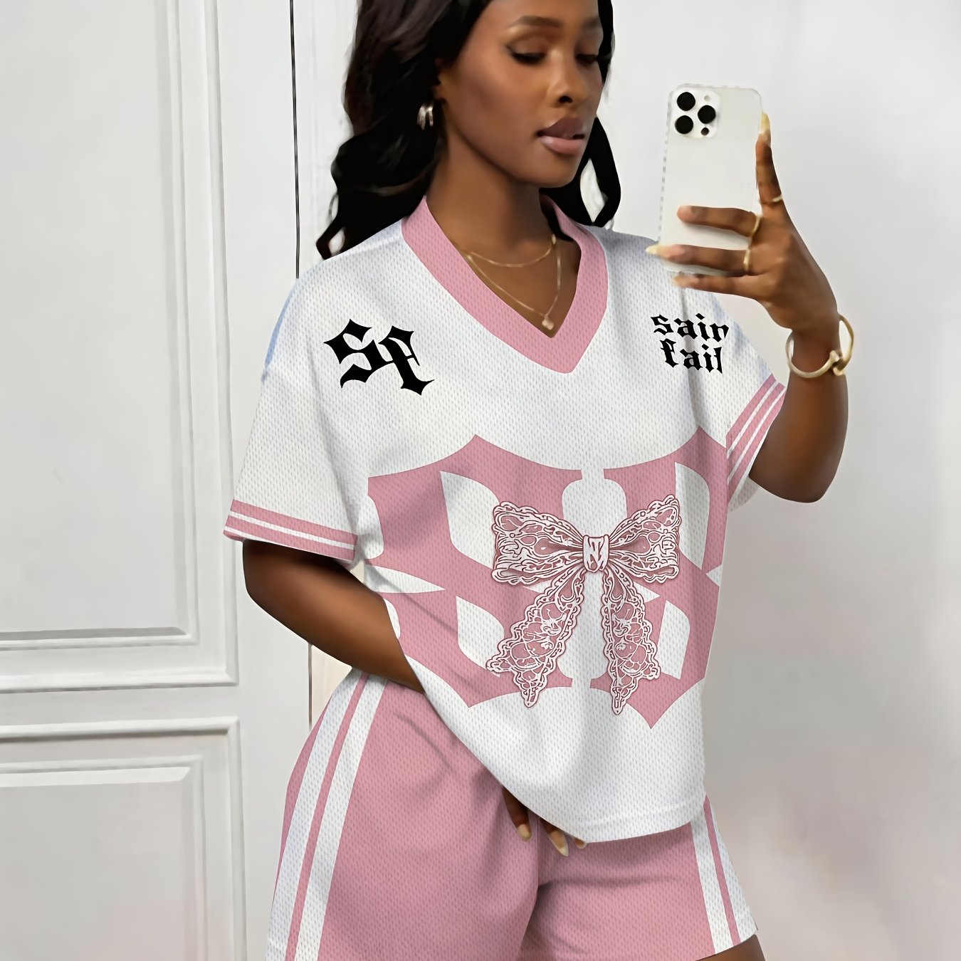 TEMU 2pcs Women's Gothic Soccer Jersey Suit - -neck Short-sleeve T-shirt & Matching Shorts With Full-body Print, Lace Bow Pattern, Breathable Outfit