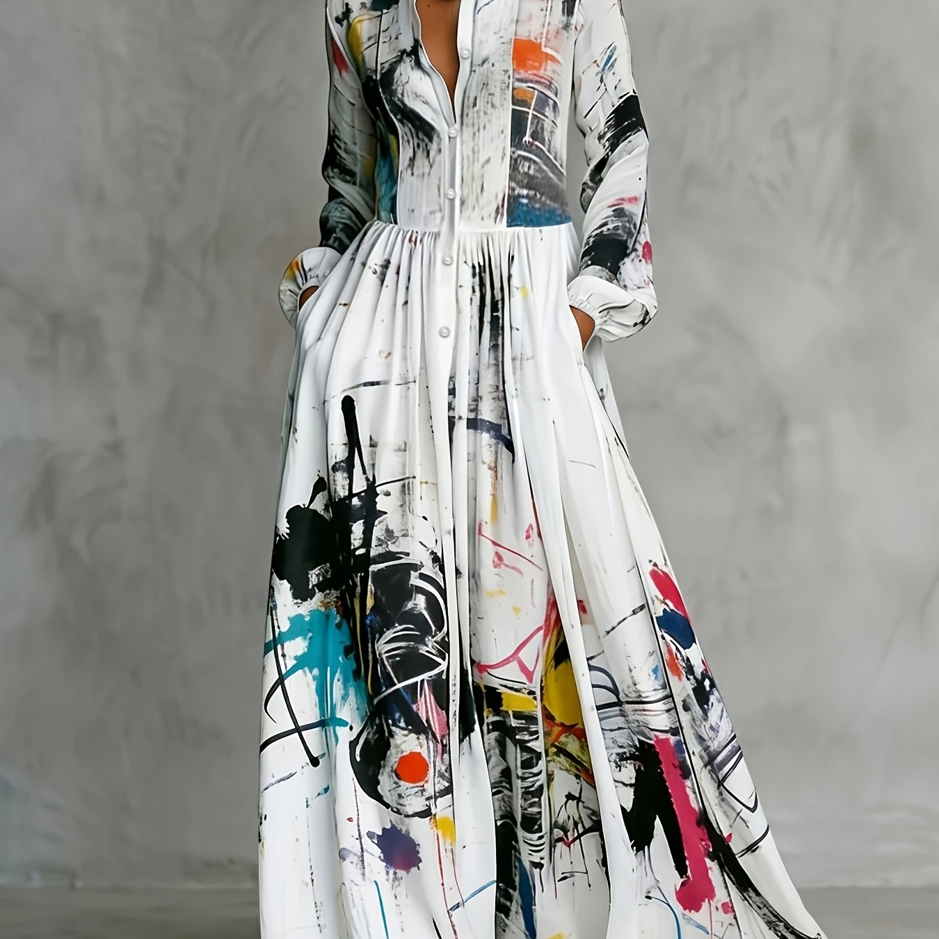 TEMU Graffiti Art Print Shirt Dress With Lapel Collar, Long Sleeves, Gathered Details, Flared Hem, Pockets, And Loose Fit For Vacation