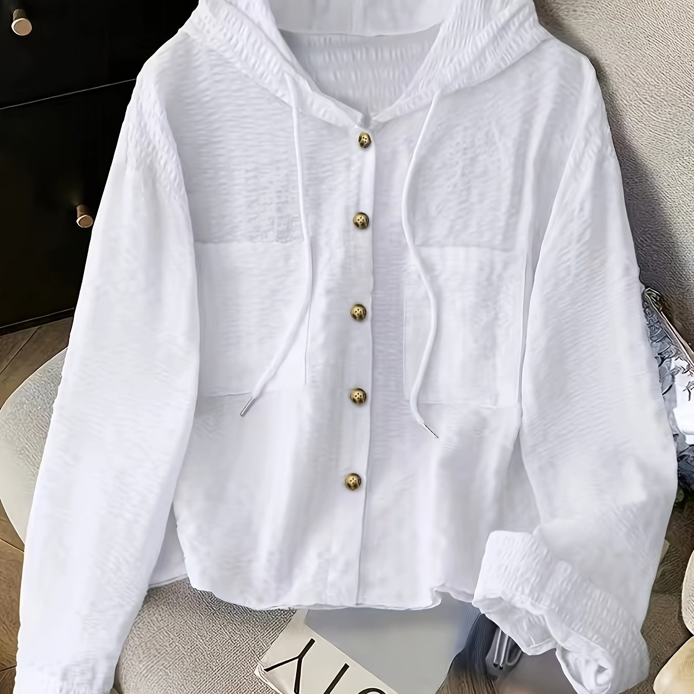 TEMU Plus Size Casual Vacation Hooded Striped Shirt Loose Long Sleeve Versatile Open Button Shirt
