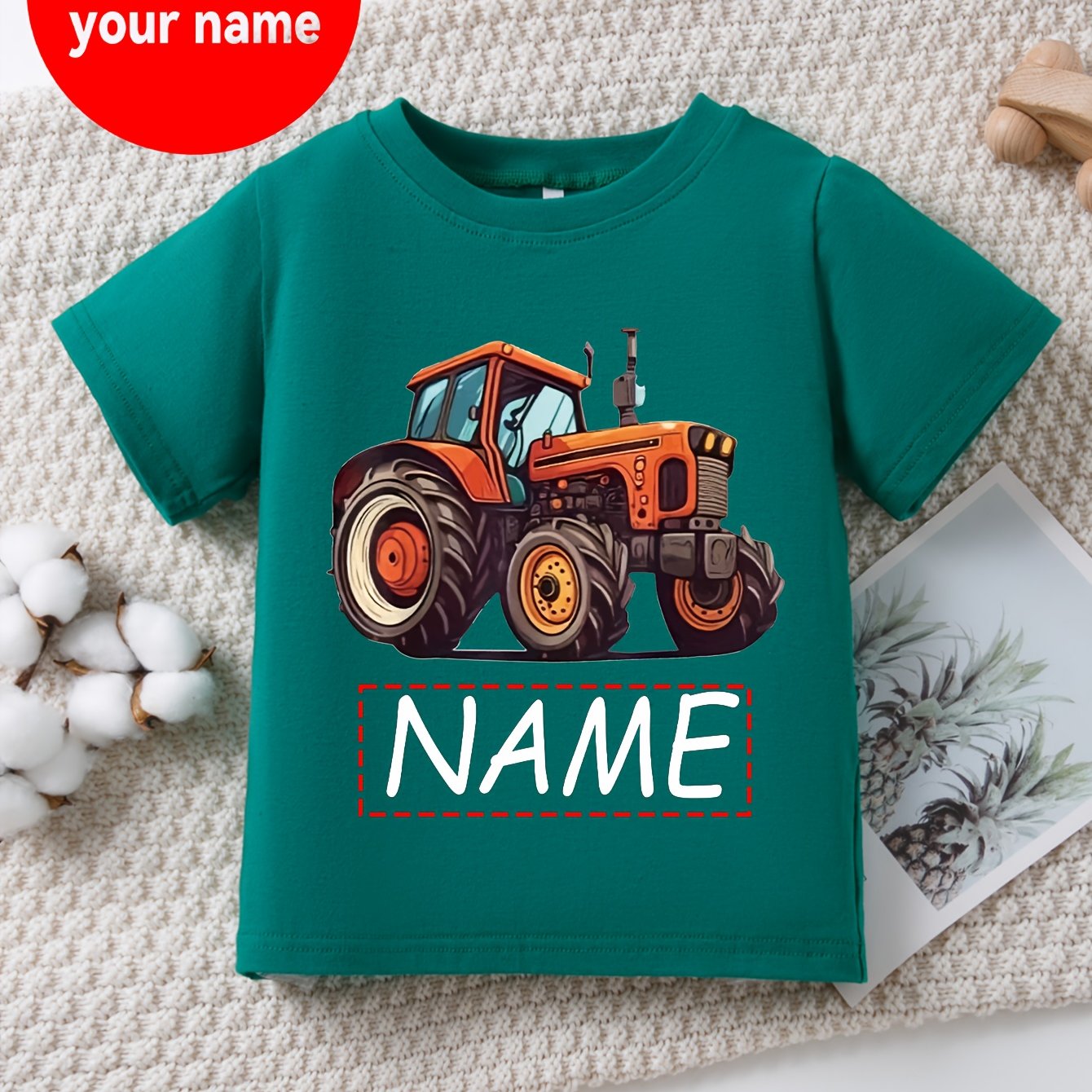 Cotton Short Sleeved Boy Customized Name And Tractor Pattern Printed Fashion Versatile Round Neck T-shirt