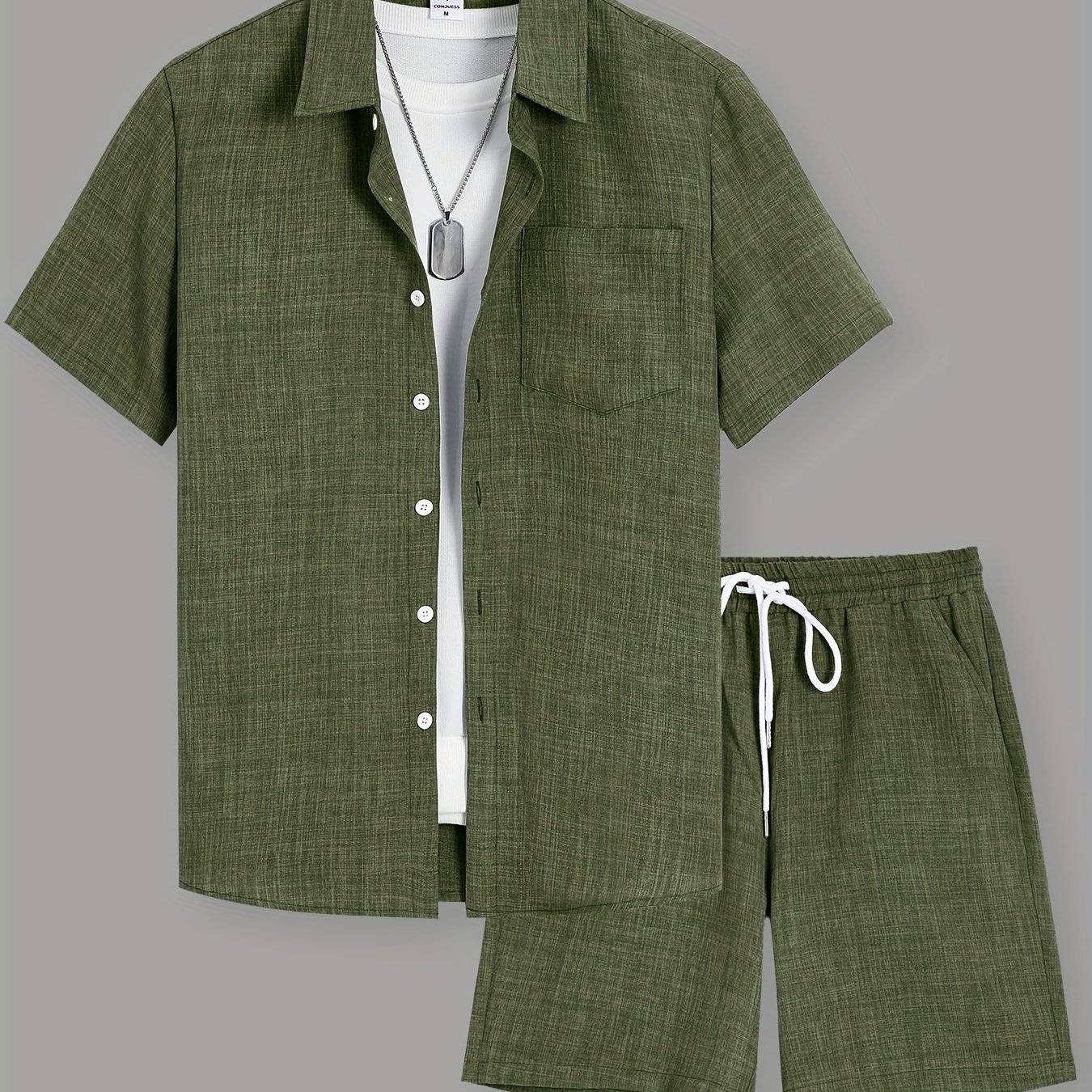 Men's Summer Single Pocket Short Sleeve Lapel Shirt And Drawstring Shorts Casual Two-piece Set