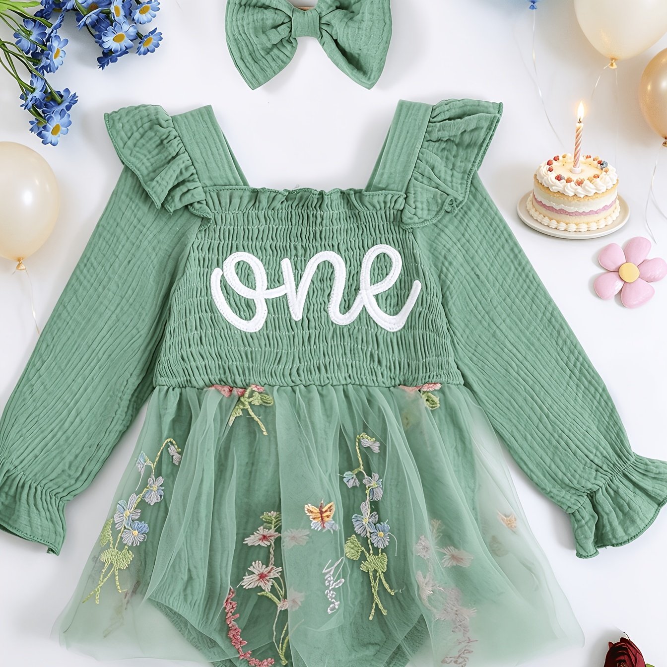 Image of Girls' Elegant Long-sleeve Strapless Ruffle Dress With Tulle Skirt, Towel Embroidered "one", Tulle Embroidery Flowers