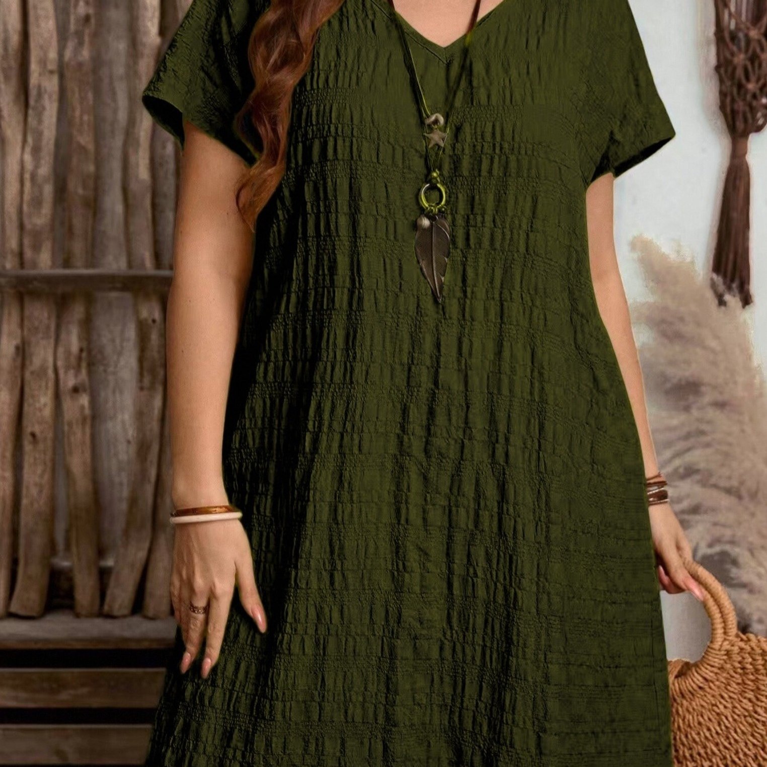 TEMU Plus Size, Middle Eastern Plus Size Single-piece V-neck Solid Color Fashionable European And American Ethnic Style Loose-fitting Short-sleeve