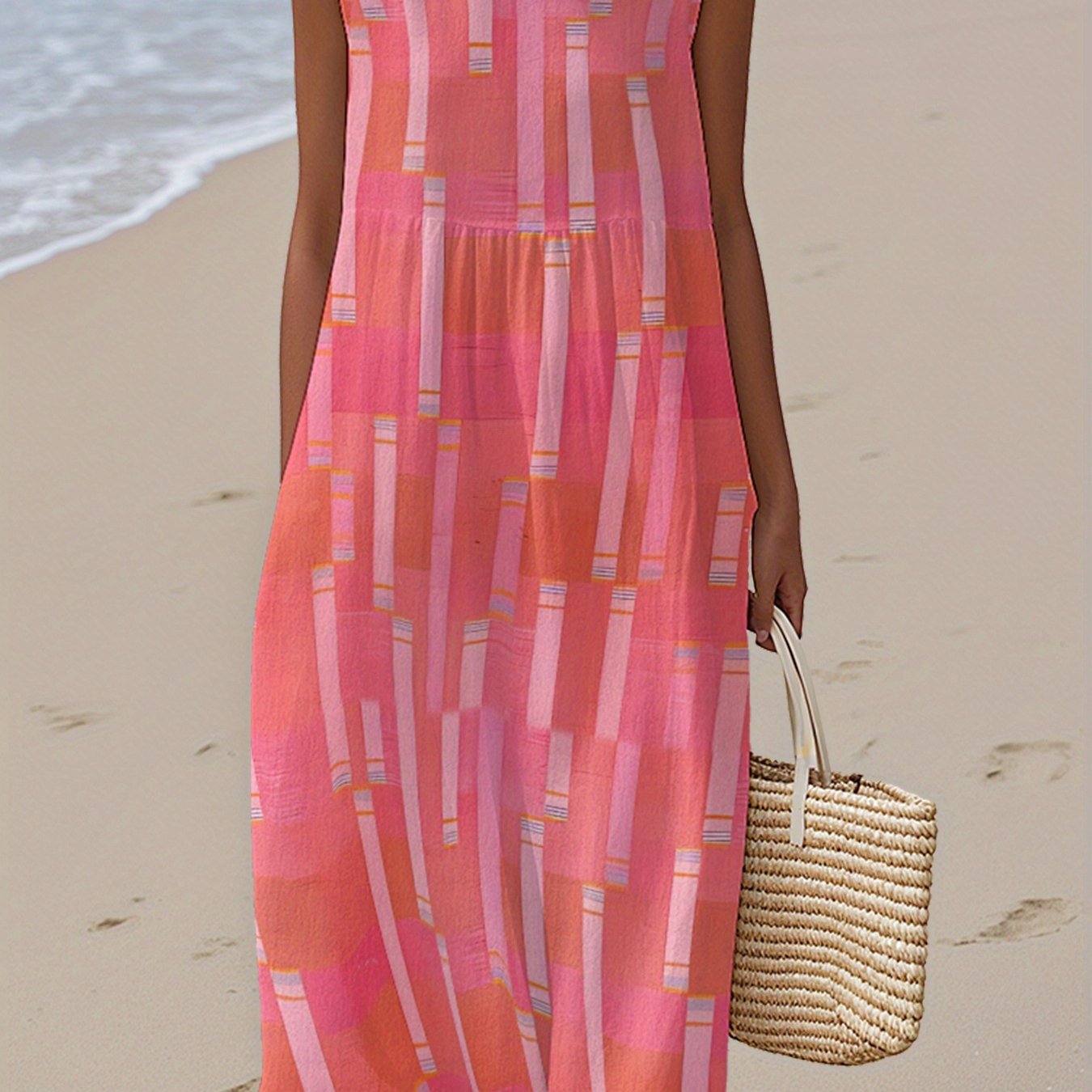 Image of Plus Size - Plus Size - Plus Size Women Sleeveless Tank Dress Loose Fit Casual Crew Neck With Side Pockets, Vibrant Abstract Geometric Stripe Print Midi Dress, Modern , Perfect For Beach Daily Outing