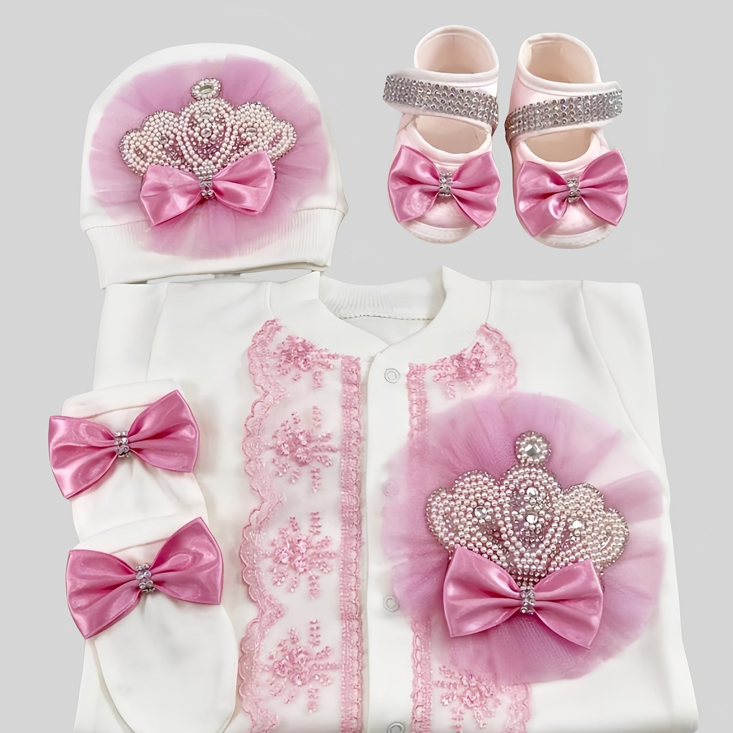 Image of Dollbling 4pcs Fushia Pink Jewelry Crown Outfits Girl Crown Welcome Home Onesie Romper Mittens Shoes Bonnet Christening Gift, For Outdoor