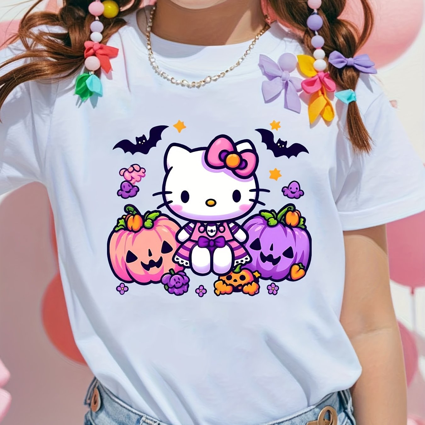 This Is A For Hello Kitty Girls' T-shirt Made From Soft And Comfortable, Featuring An Adorable With Pumpkins And Bats. Perfect For Casual Summer And Suitable For , Making It A Great Tee For Kids