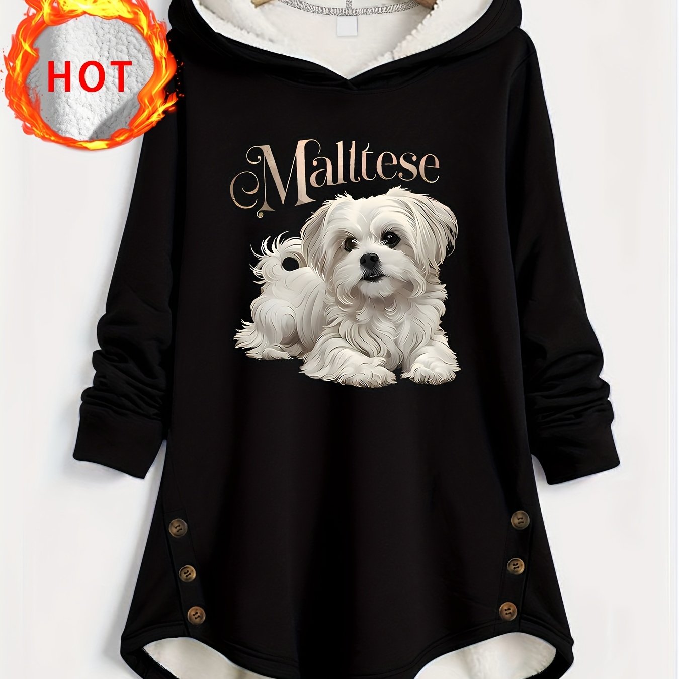 TEMU Lined Hooded Button-up Maltese Dog Women's Autumn/winter Warm Hooded Jacket, -lined Hood, Hooded Sweatshirt With Pattern Print, , Machine