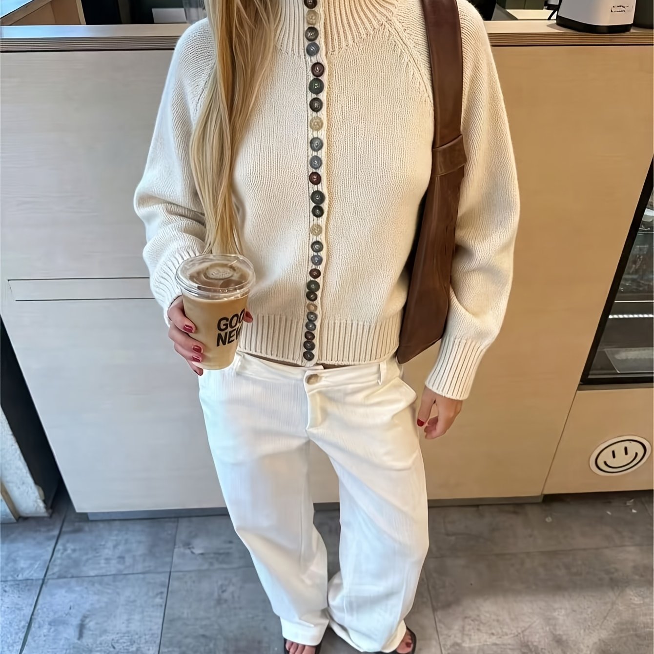 TEMU 1pc Casual Women's Color-block Button Sweater Fashion Semi-high Neck Open Cardigan Pullover