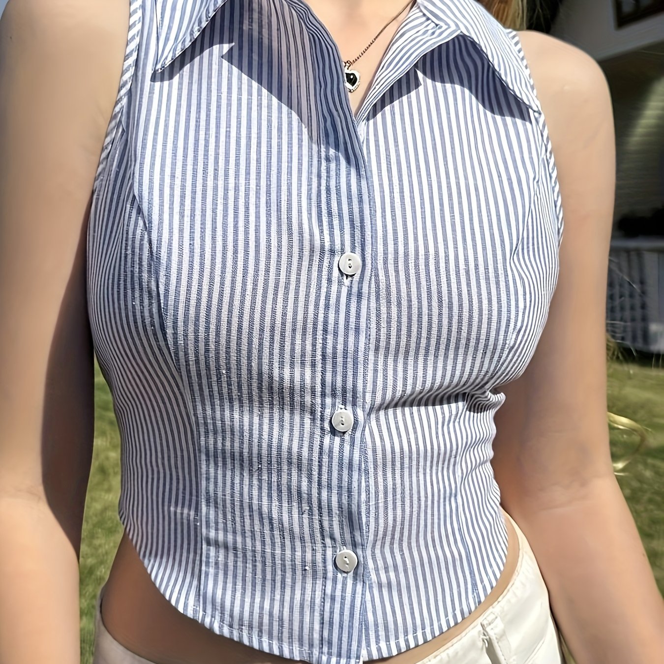 TEMU Ladies' Elegant Slim-fit Short Striped Shirt