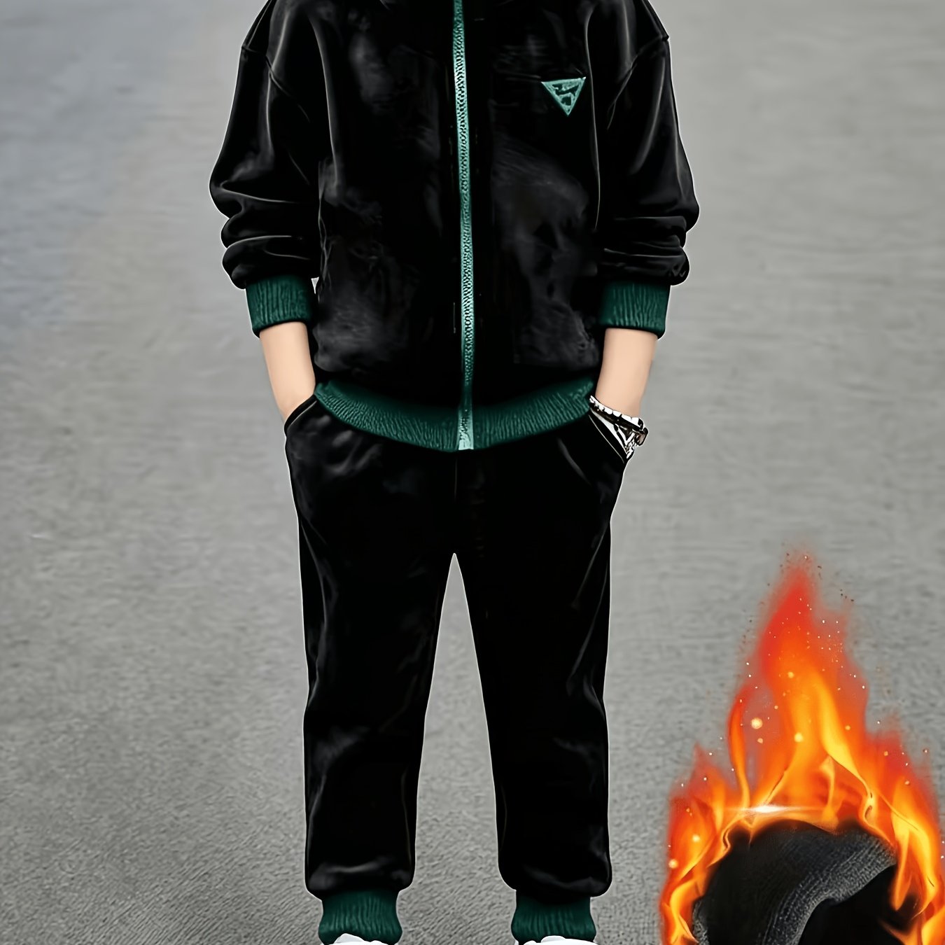 Image of Boys' Autumn/winter 2pcs Set, Mid-to-large Kids' Sporty Casual Comfortable Double-sided Hooded Zip-up Cardigan Sweatshirt + Casual Long Pants, Perfect For Outdoor