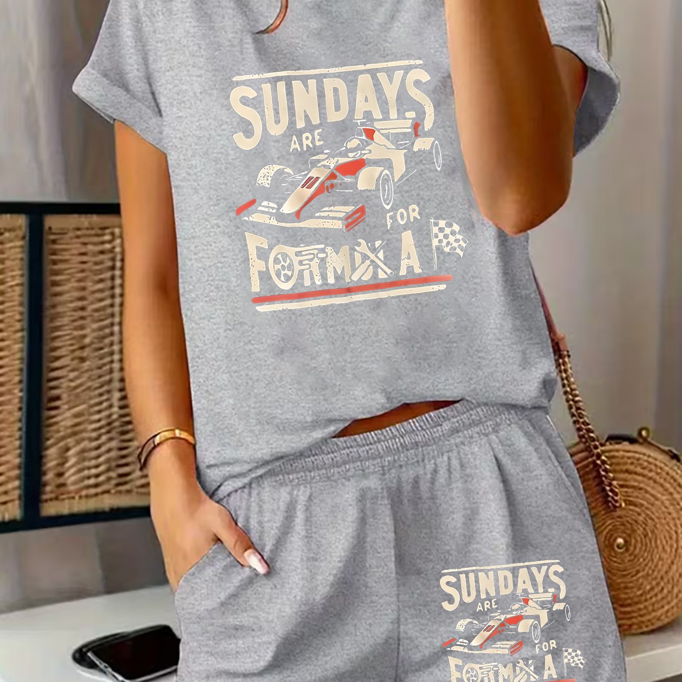 TEMU 2pcs Women's Spring Summer Matching Short Sleeve & Shorts Pajamas - Breathable Racing Letter Print Sleepwear Suitable For Jogging, Gym Wear -
