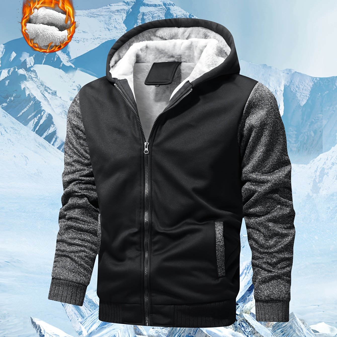 TEMU Men's Winter -lined Thickened Cardigan Warm Sweatshirt Color Block Jacket Men's Hooded Sweatshirt