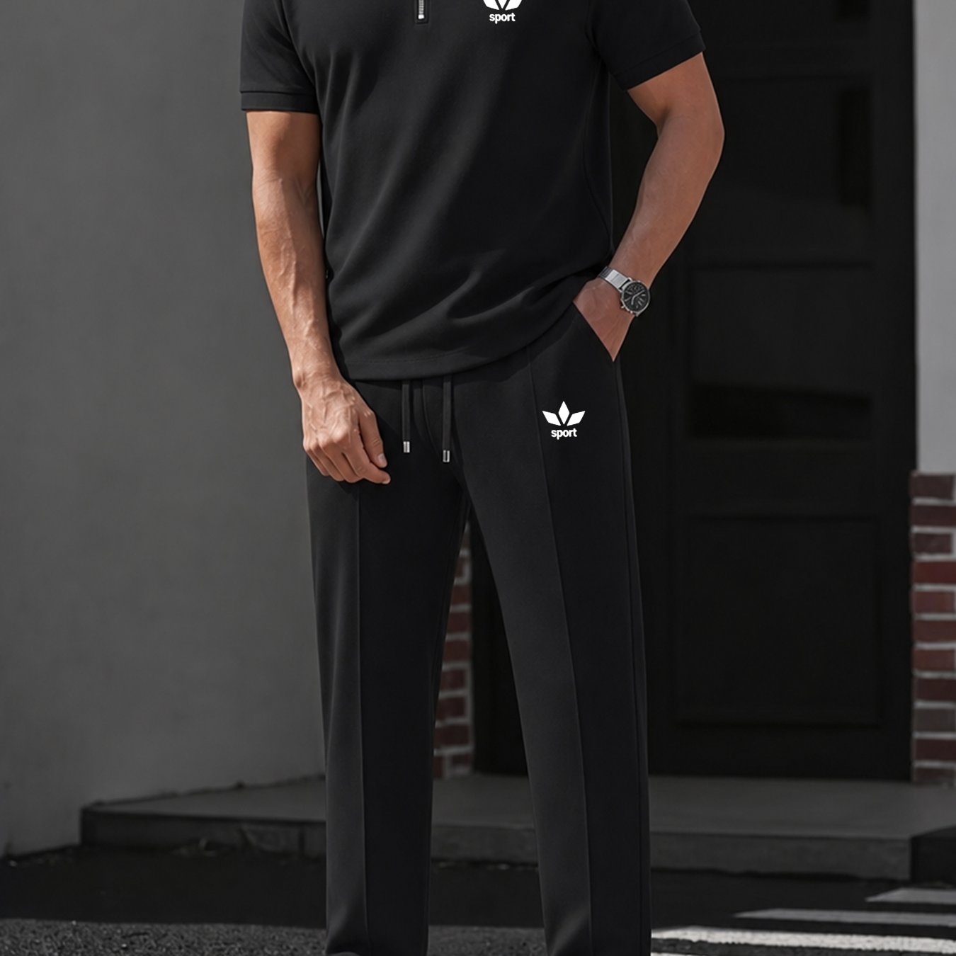 Image of Men's Sports Set Two-piece, Loose Half-zip Short-sleeve Top And Straight-leg Long Pants, Casual Fitness Wear For Summer Street Style