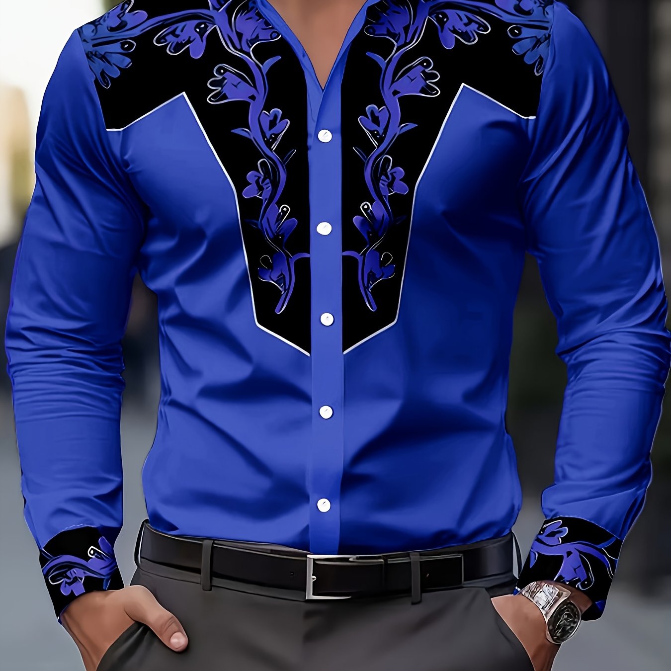 TEMU Men's Fashion Print Shirt, Faux Denim Style With Floral Pattern, Suitable For Button-up And Long Sleeve Wear, Ideal For Spring, Summer, And