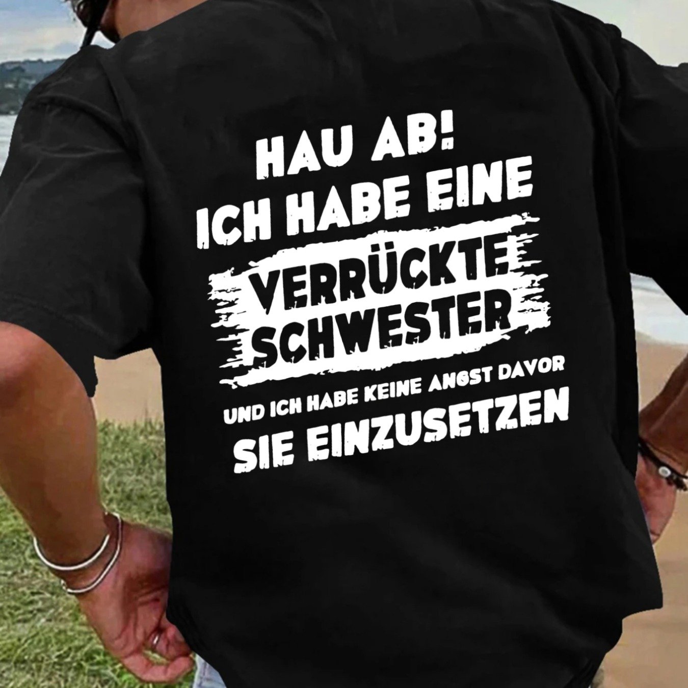 Men's Crazy Sister Warning Graphic T-shirt - 100% Cotton Soft Crew Neck Short Sleeve Tee With German Print, Black & White Casual Shirt For Casual Attire, Machine Washable Statement Top