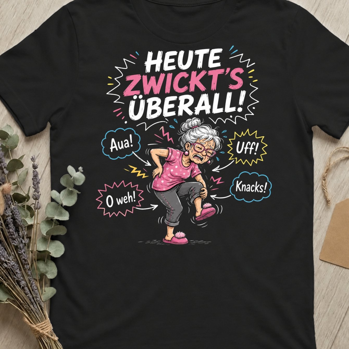 Image of Today It Everywhere T-shirt Cartoon Elderly Woman With German Pain Words Colorful Comic Bubble Graphic Unisex T-shirt