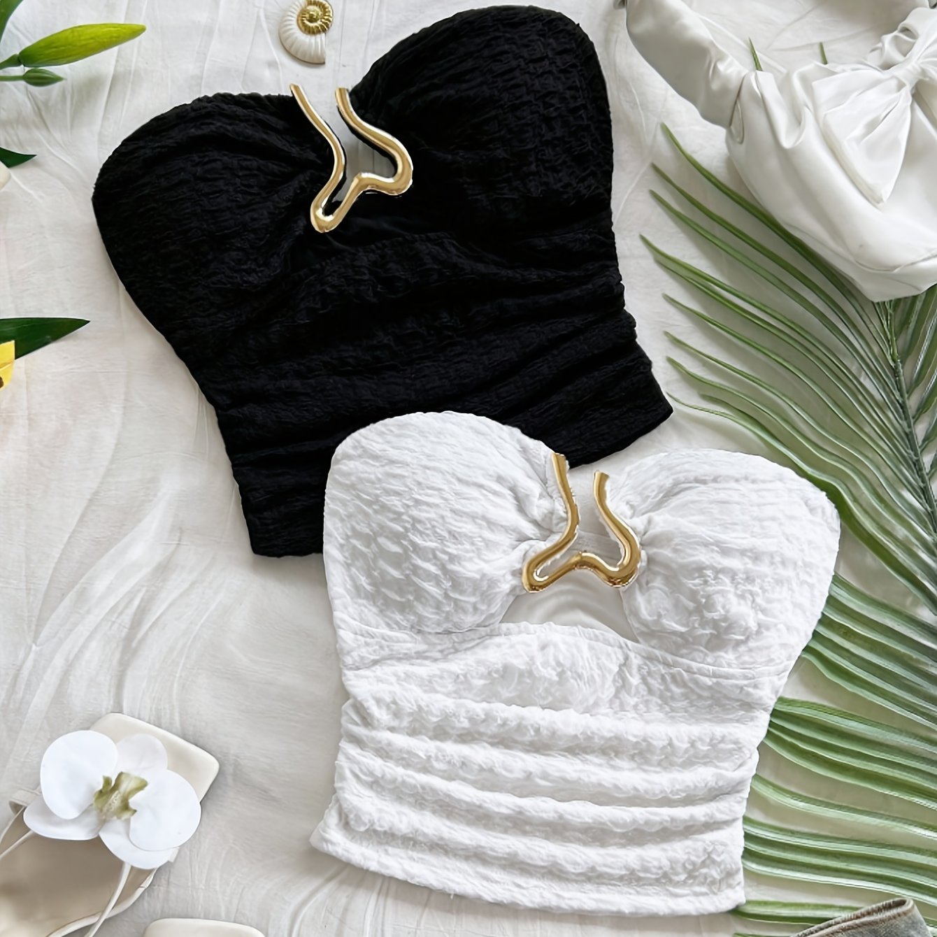 TEMU Women's Summer Minimalist Textured Metal Decorated Pleated Tube Top 2pcs Set