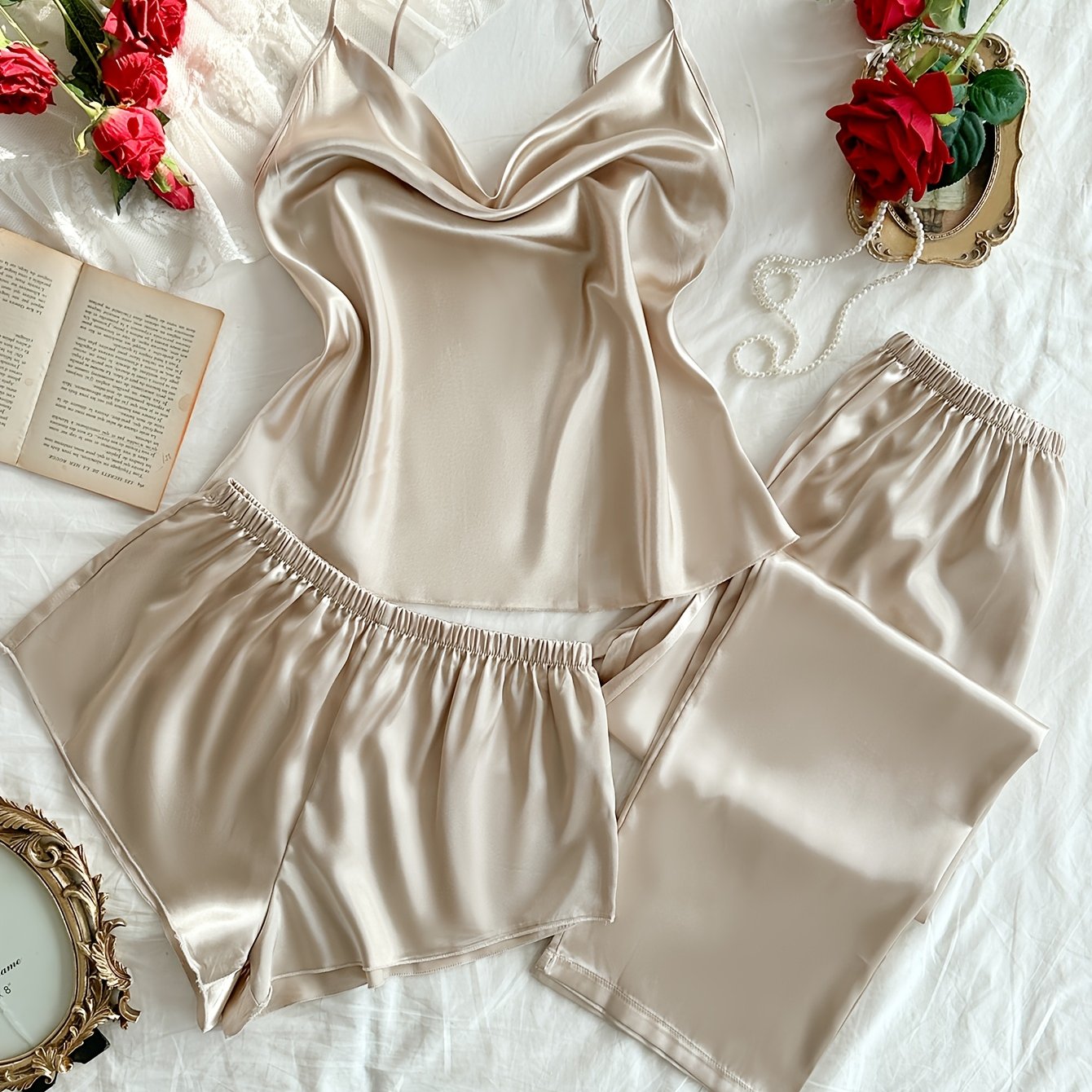 TEMU Conjunto de pijama transpirable de 3 piezas de color liso con camisola de cuello holgado, cómoda, y pantalones cortos y largos