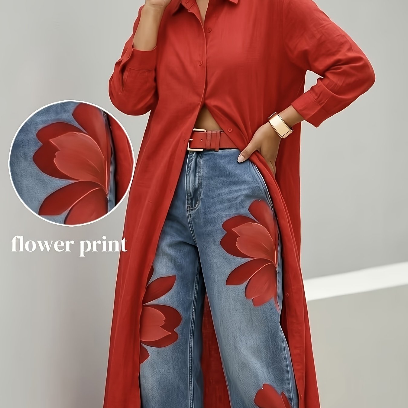 TEMU Women's Fashion Loose Wide-leg Cropped Denim Jeans, Made Of Comfortable And Wear-resistant Denim Fabric With Floral Print Design, Featuring A