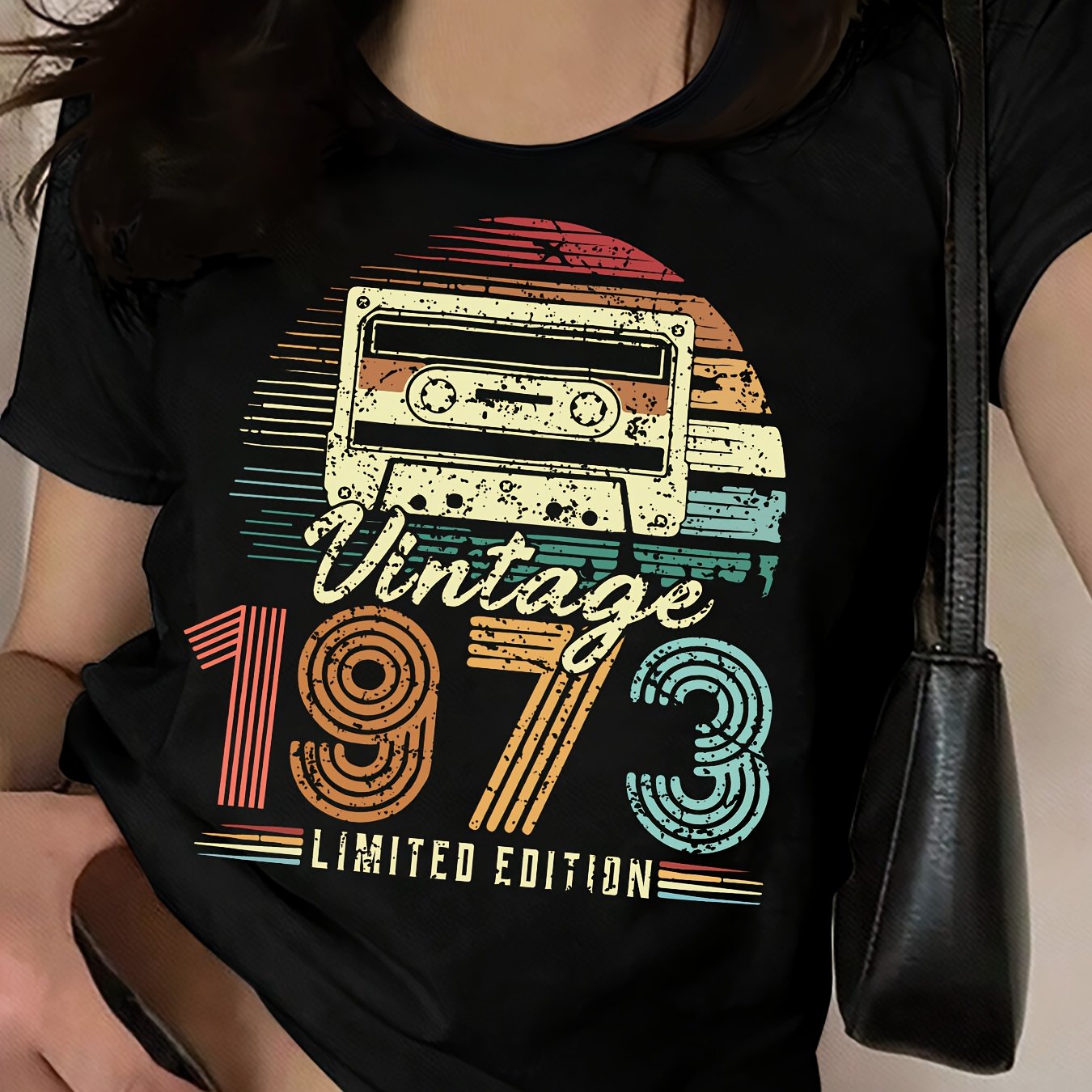 TEMU Colorful Lines Tape 1973 Casual Neck T-shirt
