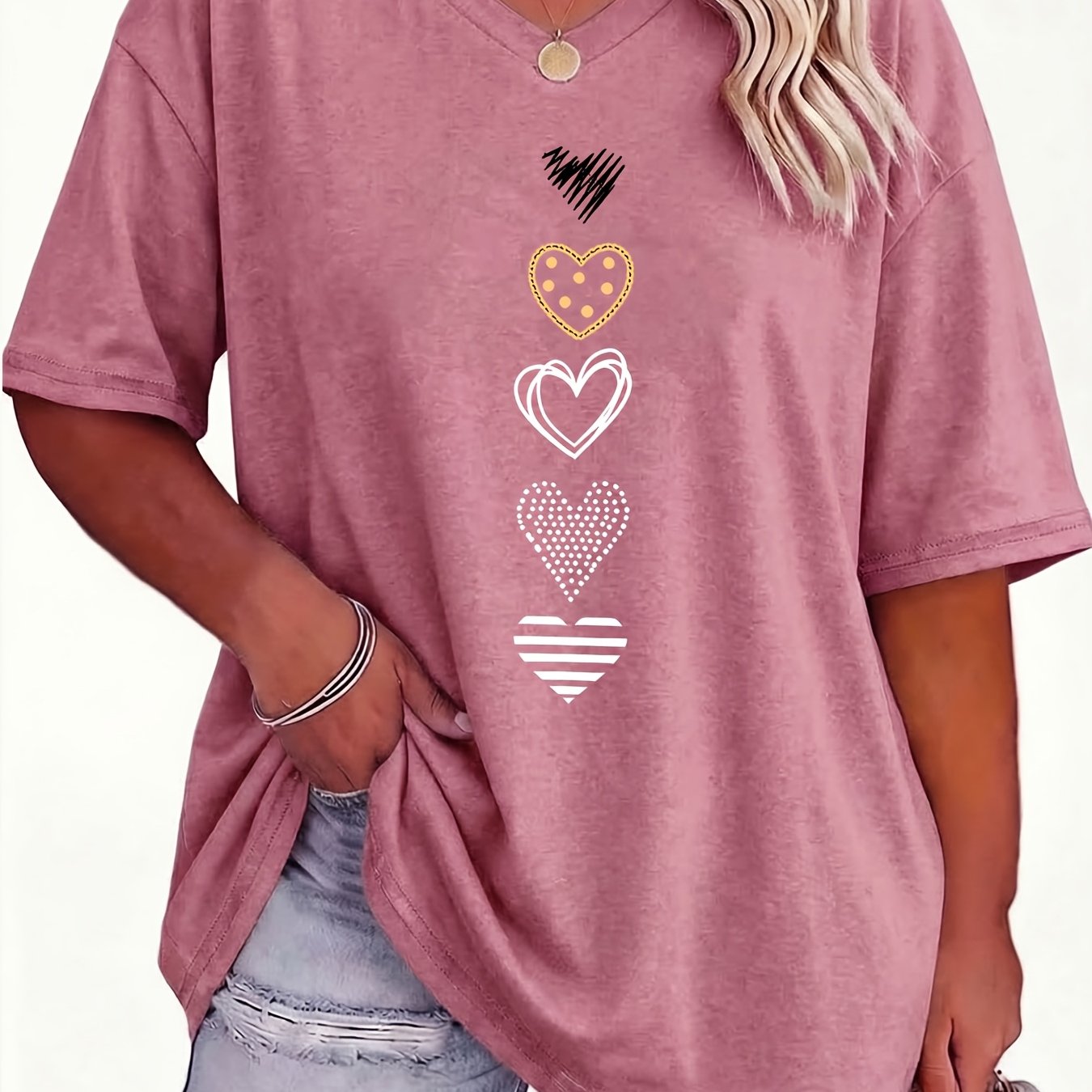 TEMU Plus Size - Plus Size - Plus Size Women's V-neck Solid Geometric Pattern T-shirt