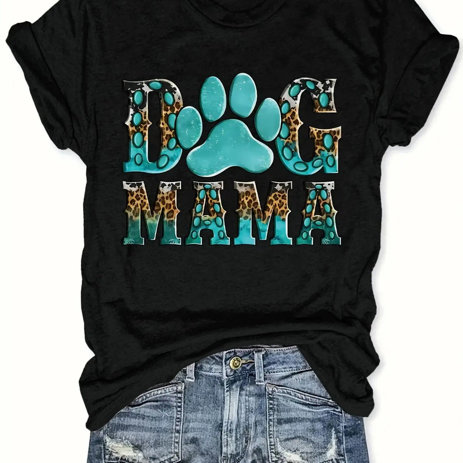 TEMU Pattern T-shirt-women's Casual Round Neck Short Sleeves T-shirt, Breathable Polyester Fiber, Machine Washable, Black Ribbon Blue Print And Paw