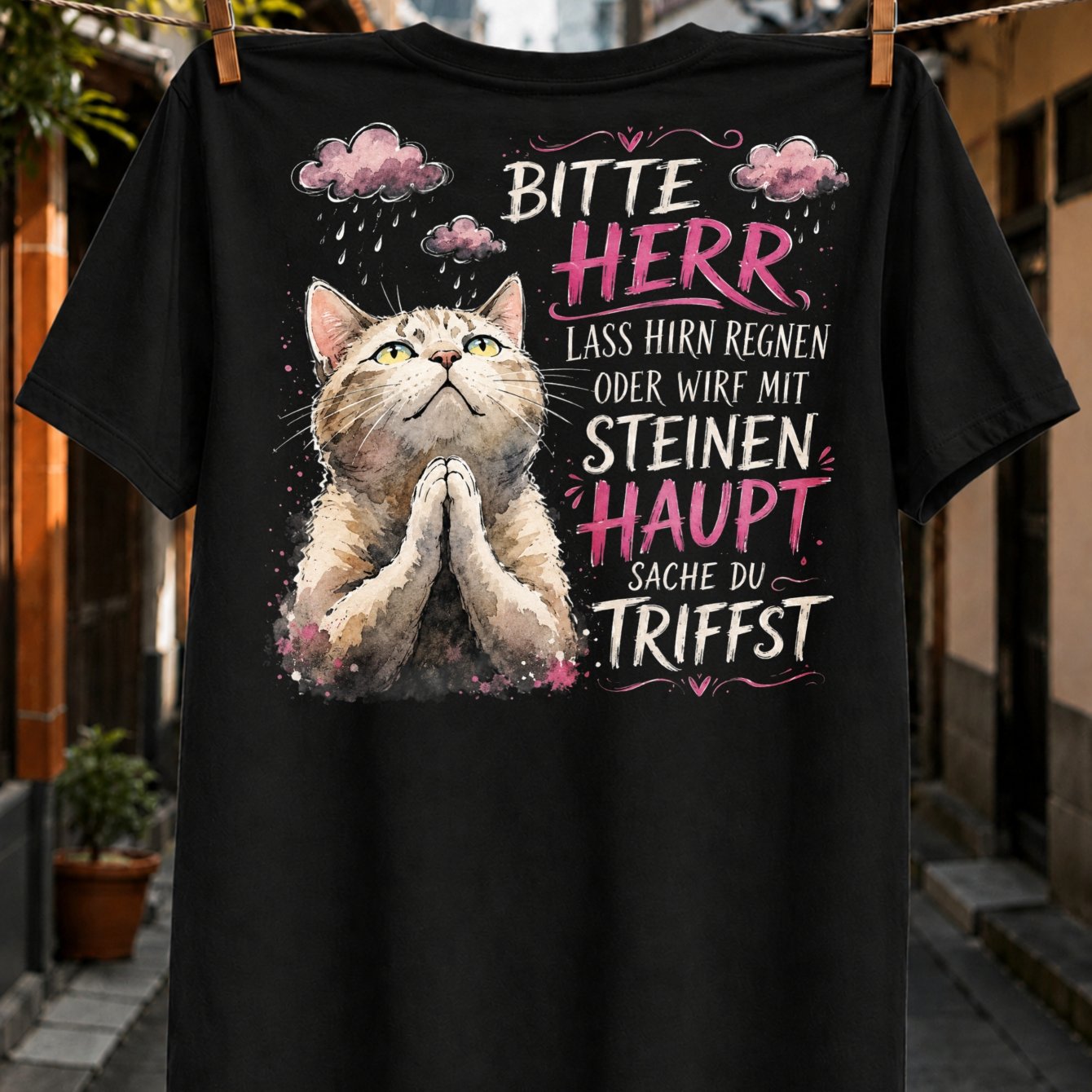 Bitte Herr Lass Regnen Oder Mit Steinen Quote With Praying Cat Rain Clouds And Watercolor Humor Style Unisex All T-shirt