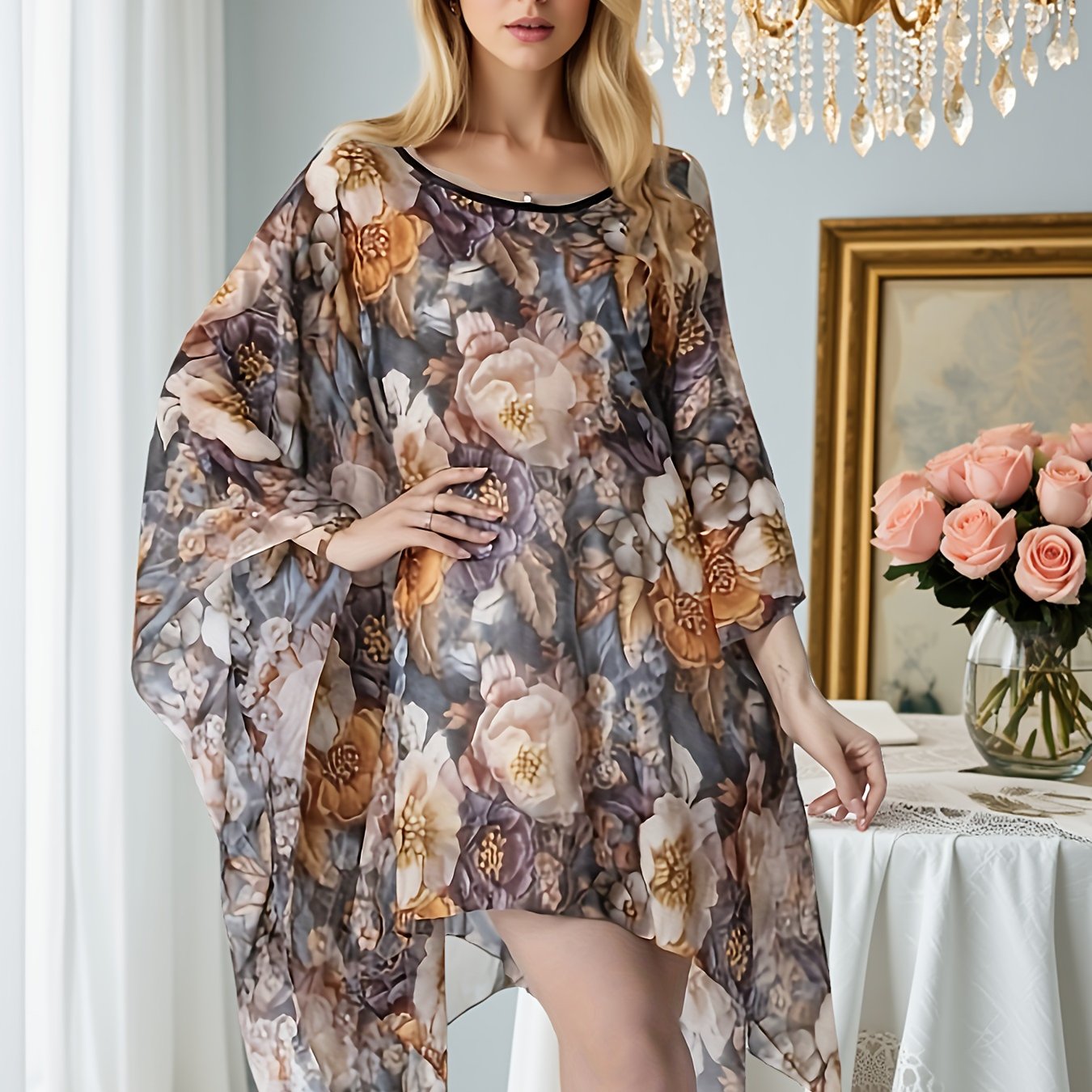 E-shop Plus Size - Plus Size - Plus Size Sommerurlaub Hochwertiges Vintage Französisches 3D-Blumendruck Transparentes Locker Geschnittenes Kurzarm-Top
