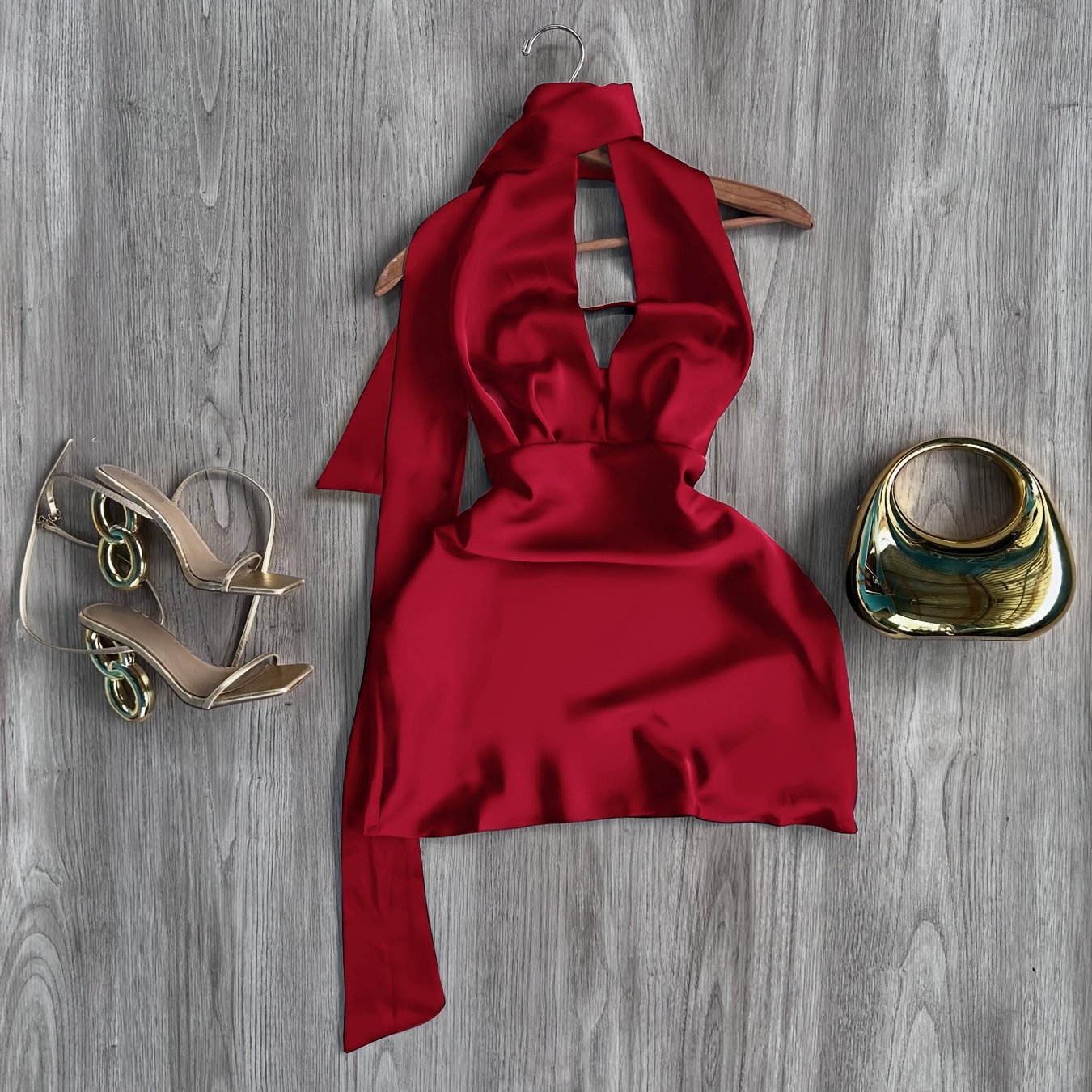 TEMU Dress, Halter Tie Waist Backless Satin Dress, Elegant Party, Suitable For Vacation, Outing, Commuting, Gathering, Socializing, Valentine's Day,