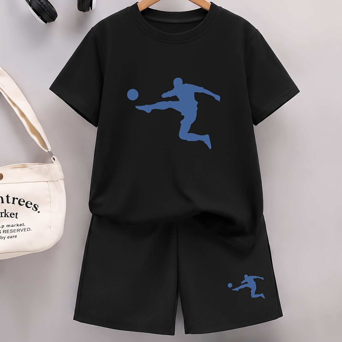 Image of Boys' Short-sleeve T-shirt And Shorts Set, Dynamic Football Shot Creative Print, Versatile Casual And Comfortable, Pure Breathable For Summer Wear, Trendy, Outdoor, Gift, For Outdoor