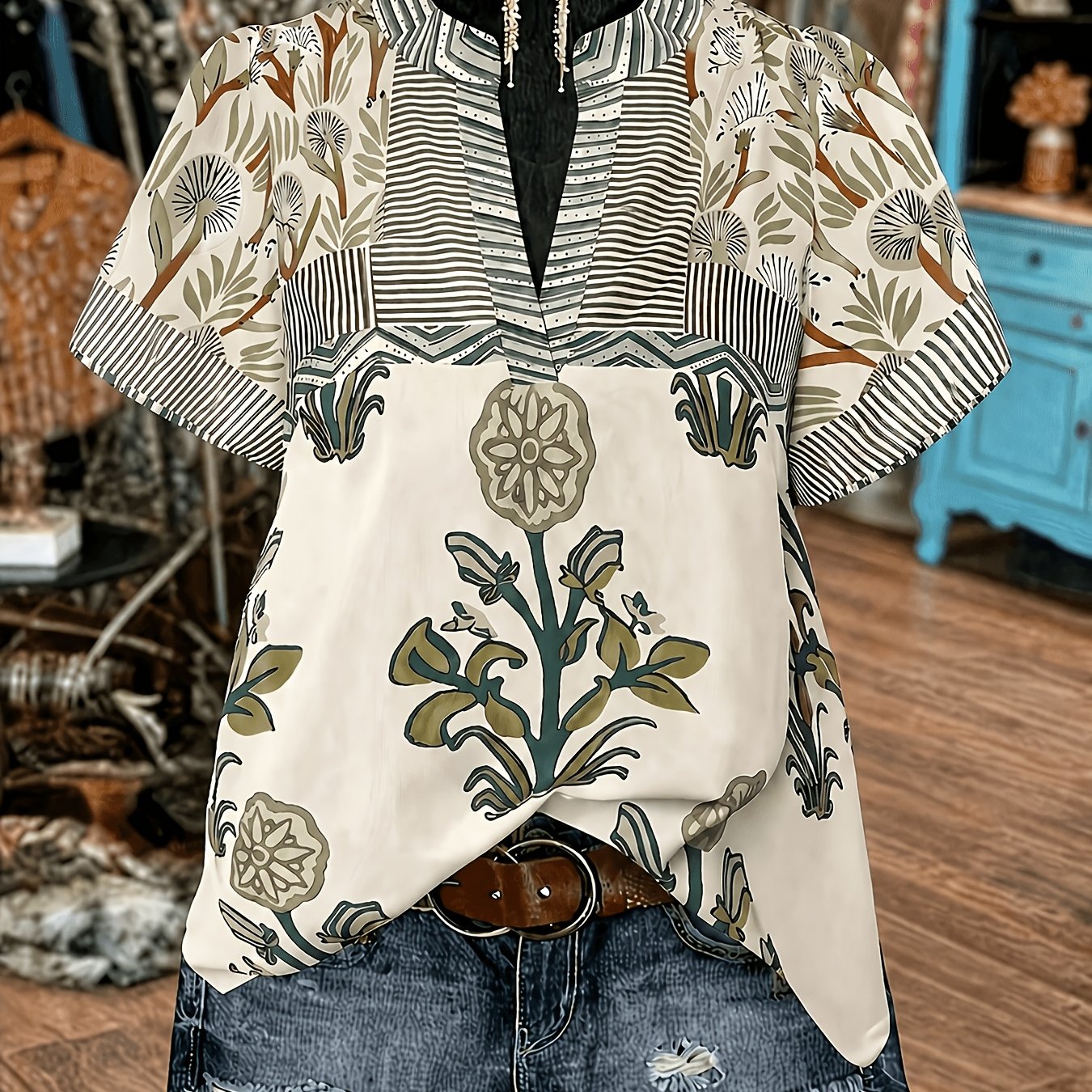 TEMU Spring/summer Women's Floral Print Short Sleeve Blouse For Office Work, Camping, Vacation, Parties, Travel, Beach, And Casual Wear
