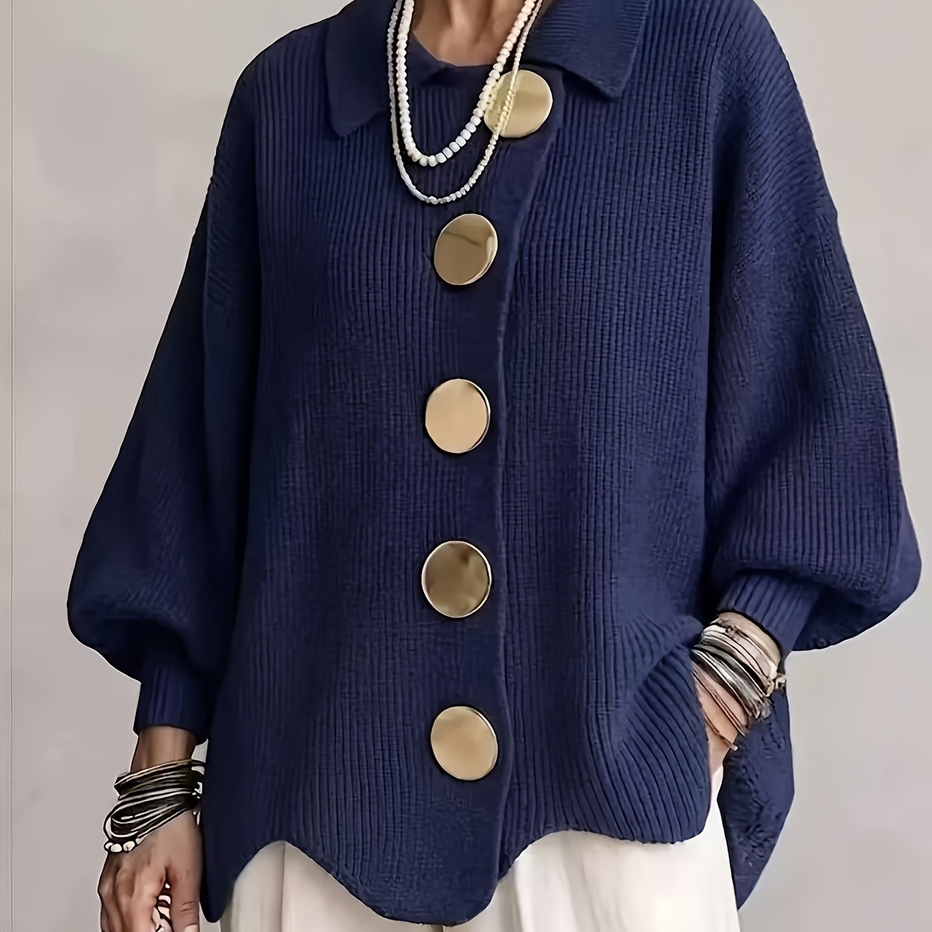 TEMU Plus Size, Relaxed -size Women's Lapel Long-sleeve Fake Cardigan, Loose Large-button Sweater, Versatile And Elegant Top