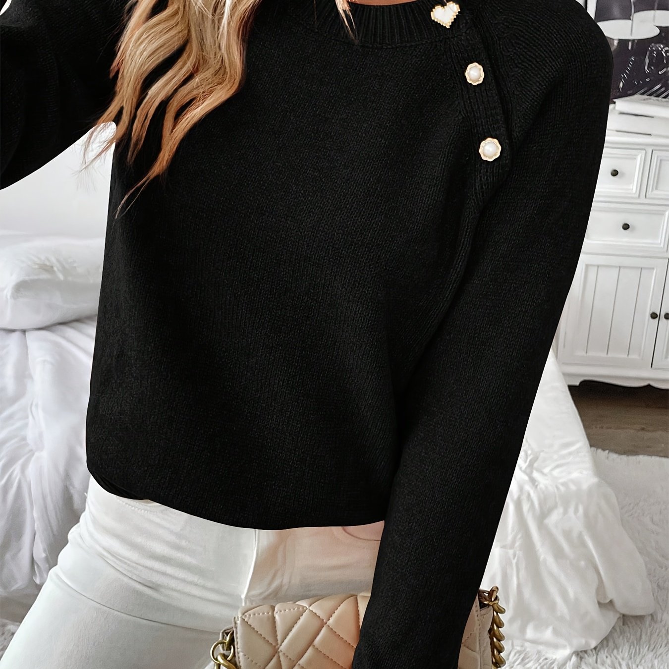 TEMU 2025 Women's Elegant Autumn/winter Off-shoulder Button Round Neck Long Sleeve Sweater
